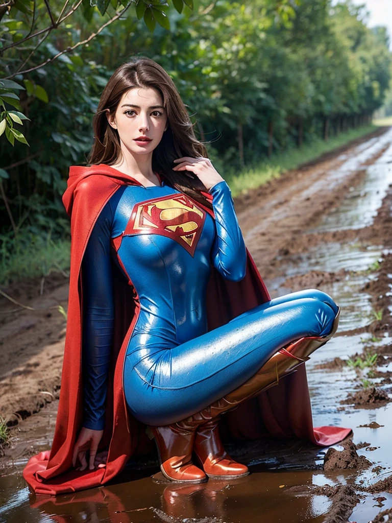 Anne Hathaway has long brown hair，White skin，Big breasts and butt，long legs，slender legs，Wearing a blue shiny full-coverage tight-fitting Superman suit，Red over-the-knee boots，red cloak，，Squatting on a muddy dirt road，Body facing the camera，Clothes covered with mud stains，Realistic style，full body picture