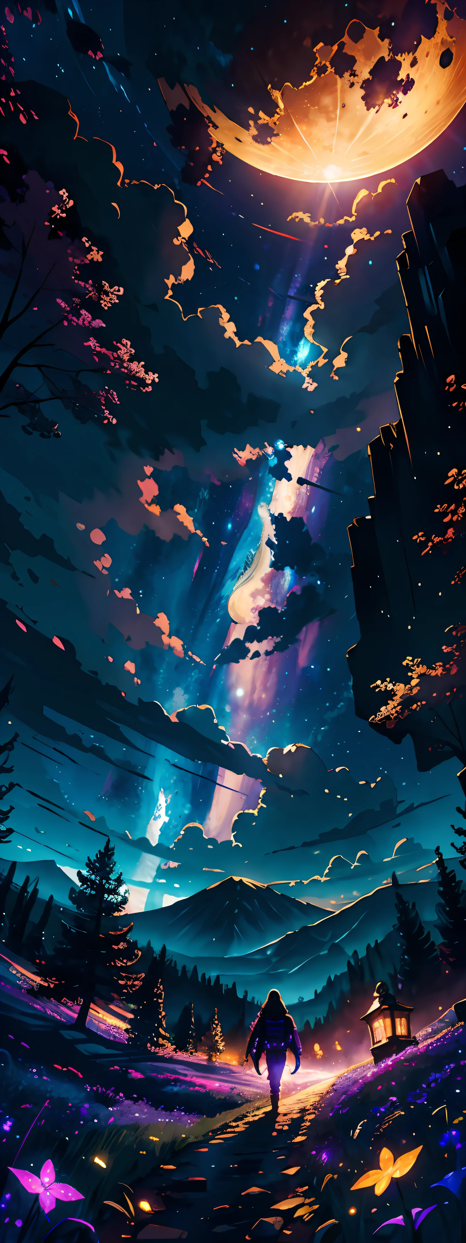 expansive landscape photograph , (a view from below that shows sky above and open field below), a girl standing on flower field looking up, (full moon:1.2), ( shooting stars:0.9), (nebula:1.3), distant mountain, tree BREAK
production art, (warm light source:1.2), (Firefly:1.2), lamp, lot of purple and orange, intricate details, volumetric lighting BREAK
(masterpiece:1.2), (best quality), 4k, ultra-detailed, (dynamic composition:1.4), highly detailed, colorful details,( iridescent colors:1.2), (glowing lighting, atmospheric lighting), dreamy, magical, (solo:1.2)