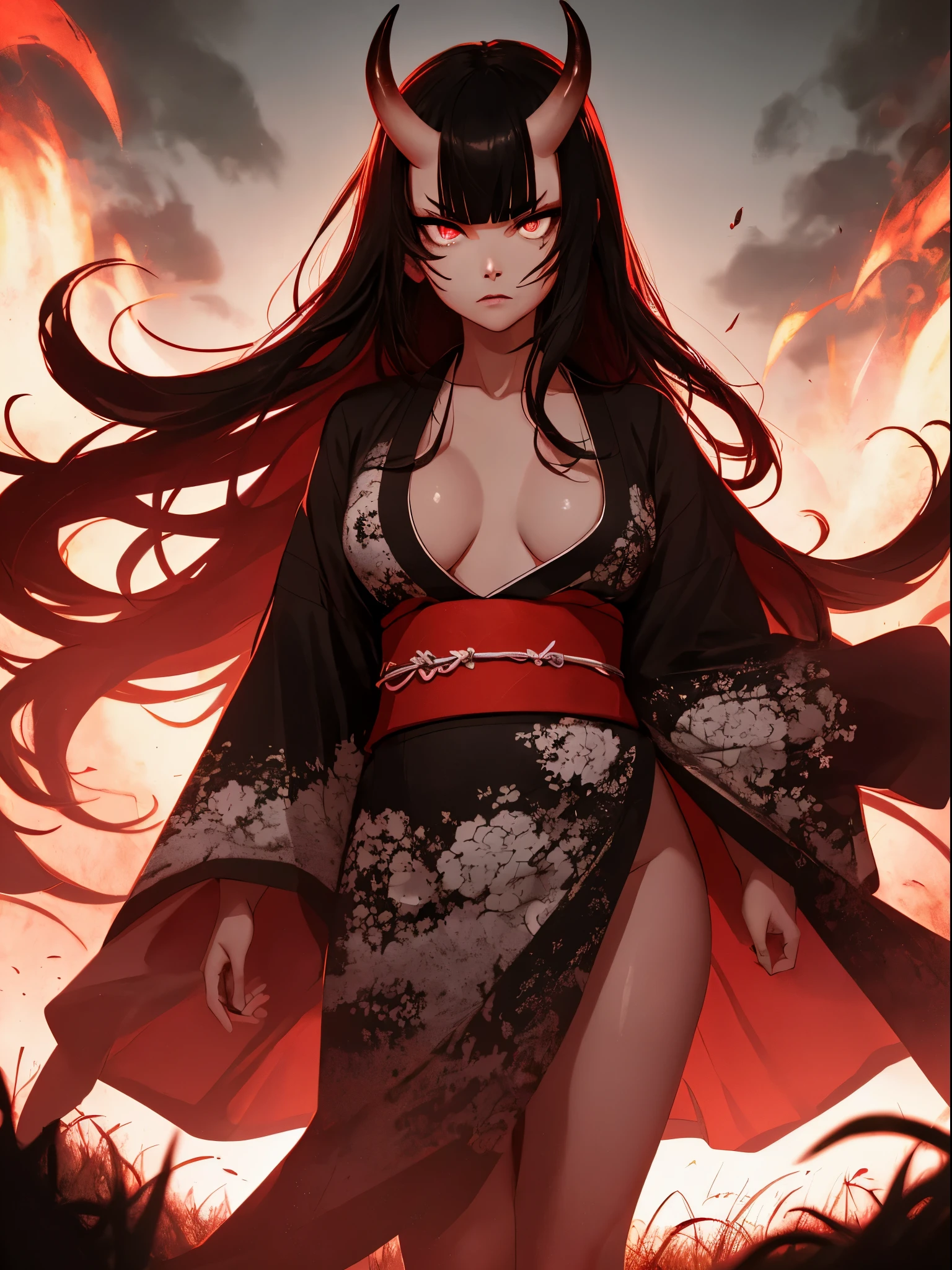 absurdres, highres night, ultra detailed, cowboy shot, diagonal view, grasslands,
1girl, oni horns, black hair, blunt bangs, long hair, disheveled hair, black open kimono, slit pupils,   pale skin, [furious:sad:0.8], aura, (looking at viewer:1.2), standing, large breasts, half undressed, wind, serious, dark theme,

