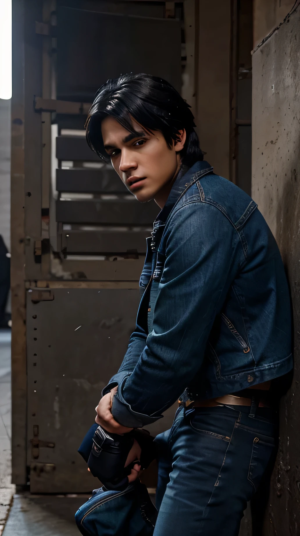 make me a 20-year-old male character wearing a dark blue jean jacket with dark blue jeans and boots, and black hair visible all over his body, make four views, namely view from the front, view from the right side, view from the side left. hyper-realistic. cinematic quality. dramatic lighting.