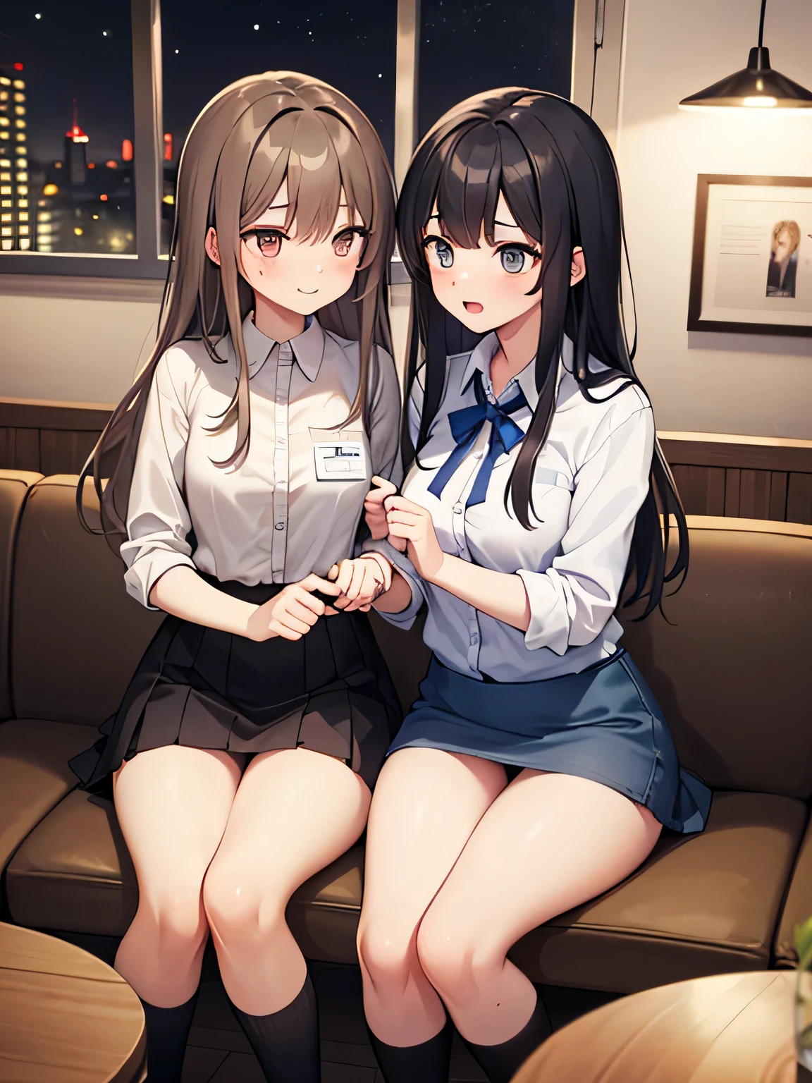 (1) Two women are sitting on chairs in a cafe, look tired. Both are cafe employees.. They look tired and slouched.
(2) both women's skirts are too short、Panties are almost visible. their panties are white.
(3) The first woman is a -yeld hischool student with a childish appearance., short black hair, wearing a white cut shirt, navy miniskirt and navy socks.
(4) The second woman is a 22-year-old college student., mature look, with long brown hair, wearing a white cut shirt, black miniskirt and black socks.
(5) The location is after closing (At night) A nice cafe in the city.