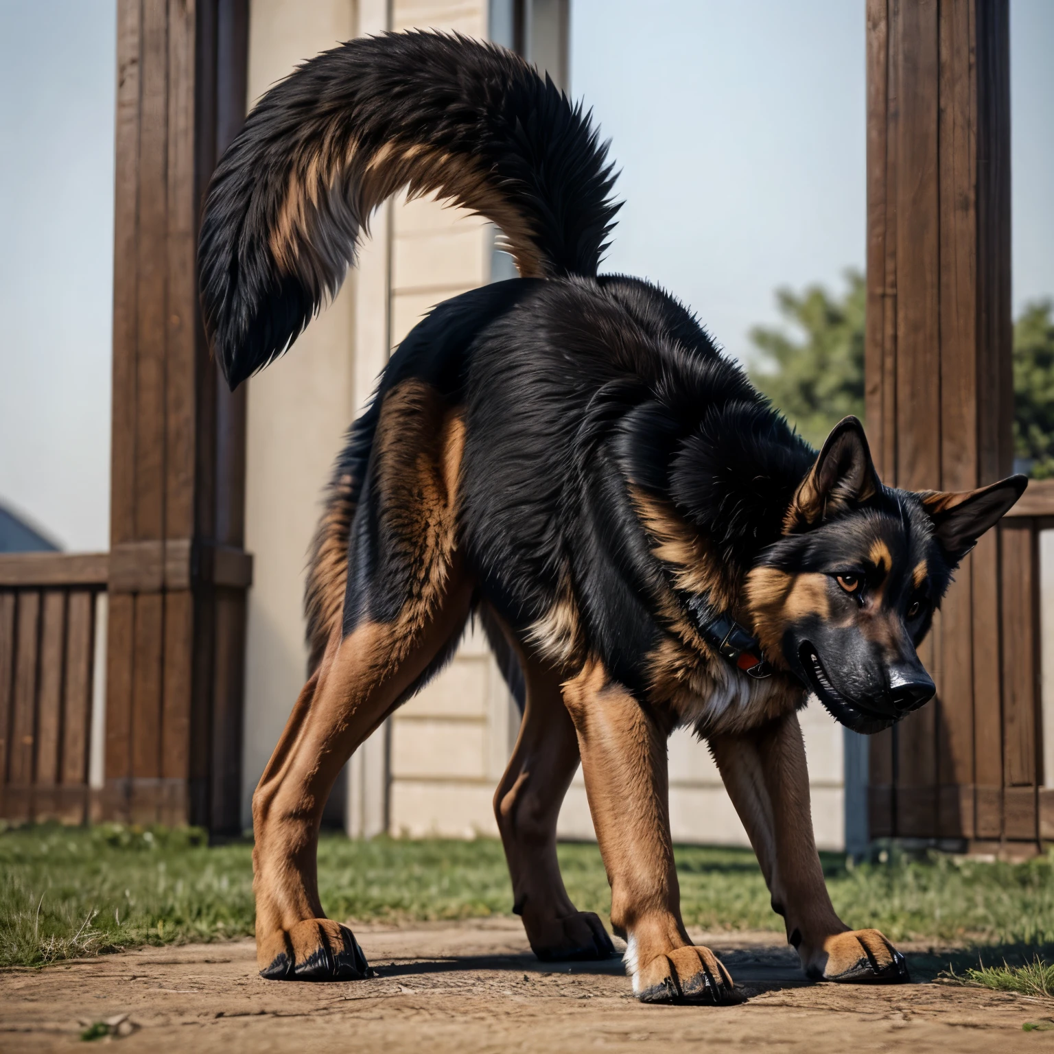 Feral German Shepard dog with its tail up showing off its puckered asshole