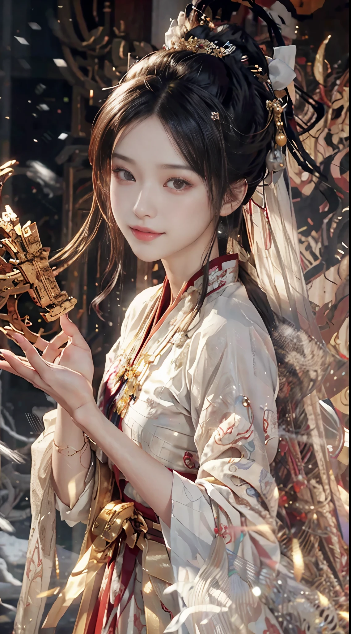 (RAW photo, best quality), High resolution, 1 girl, (seductive smile: 0.8), real skin texture, Chinese Hanfu, white Hanfu, gorgeous and exquisite, hair accessories, snow scene, beautiful face, ultra-high definition image, intricate light and refraction, exquisite High-quality ambient lighting, octane rendering engine, sharp focus, high contrast, high resolution, movie concept photography,