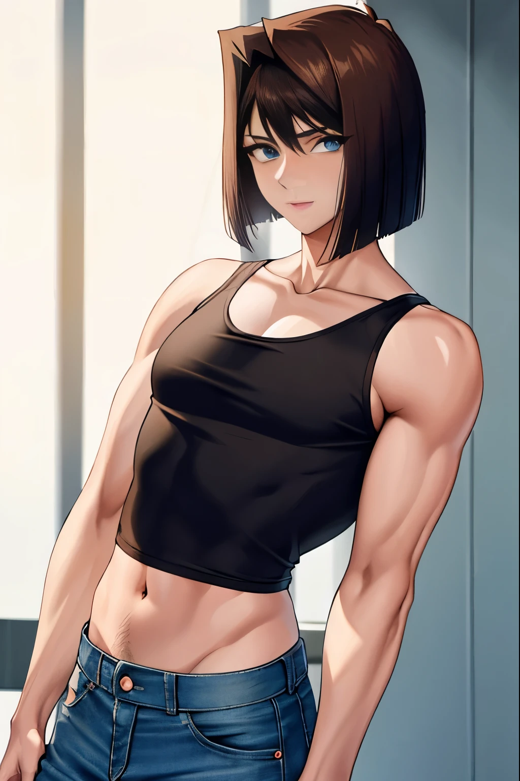 Close-up of a man with short brown hair, blue eyed man, bob cut, classic men, Made at Anime Painter Studio, Tits, clothing:black tank top, male romance, anime style, muscular man, masculine and muscular, tall, high school boy,, wore denim shorts, Are standing, tank top with an black, anime dick!!!!, bare shoulders, bare arms,