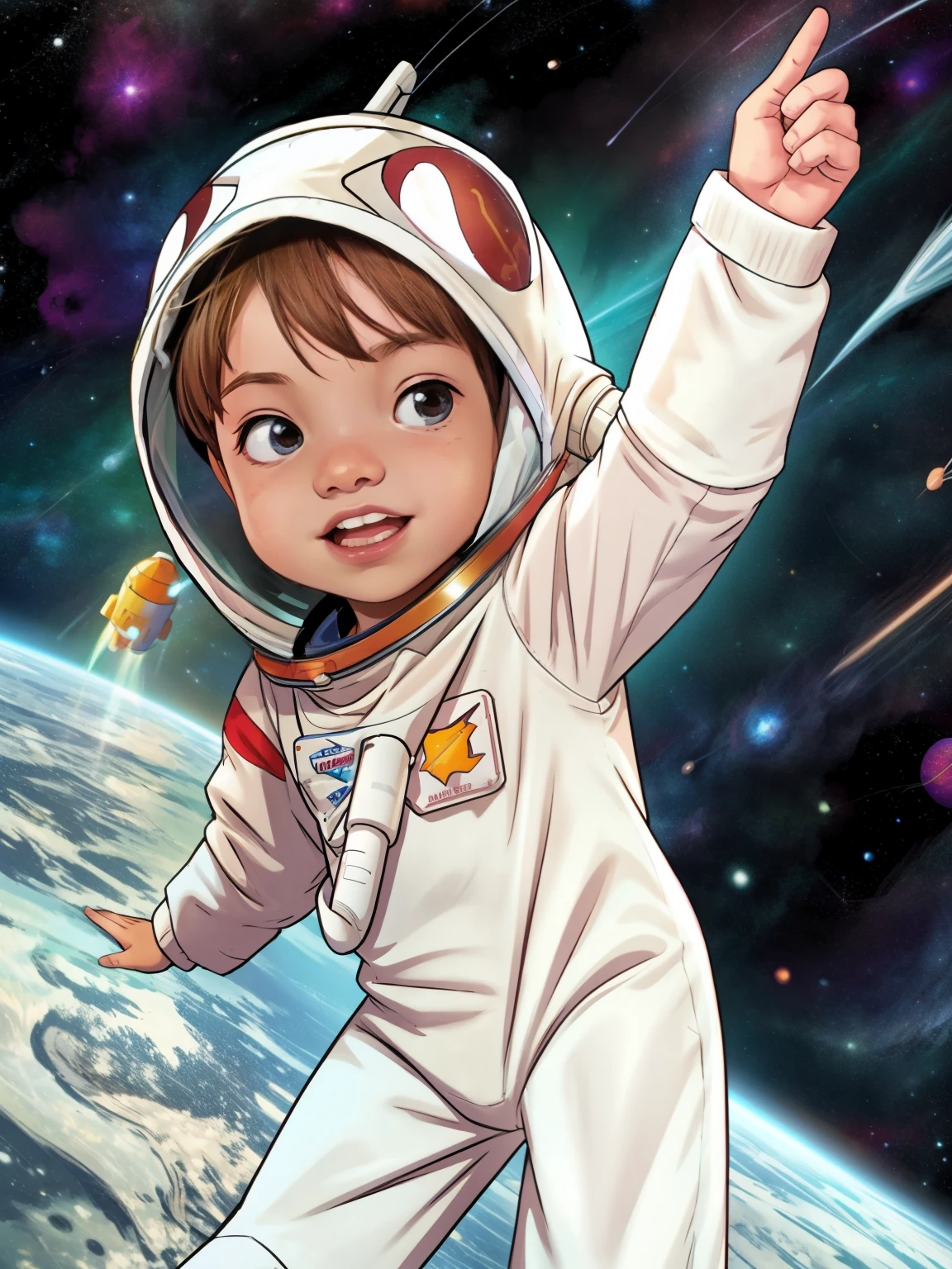 Cinematic Cartoon style. Comic art. TME0224 face, (((a baby boy, 4yo))) in a funny night (((wearing a astronaut costume))). (((Comic cosmic space background))). cinematic lighting, drop shadow, masterpiece, UHD, anatomically correct, textured skin, super detail, high details, high quality, best quality, 4K