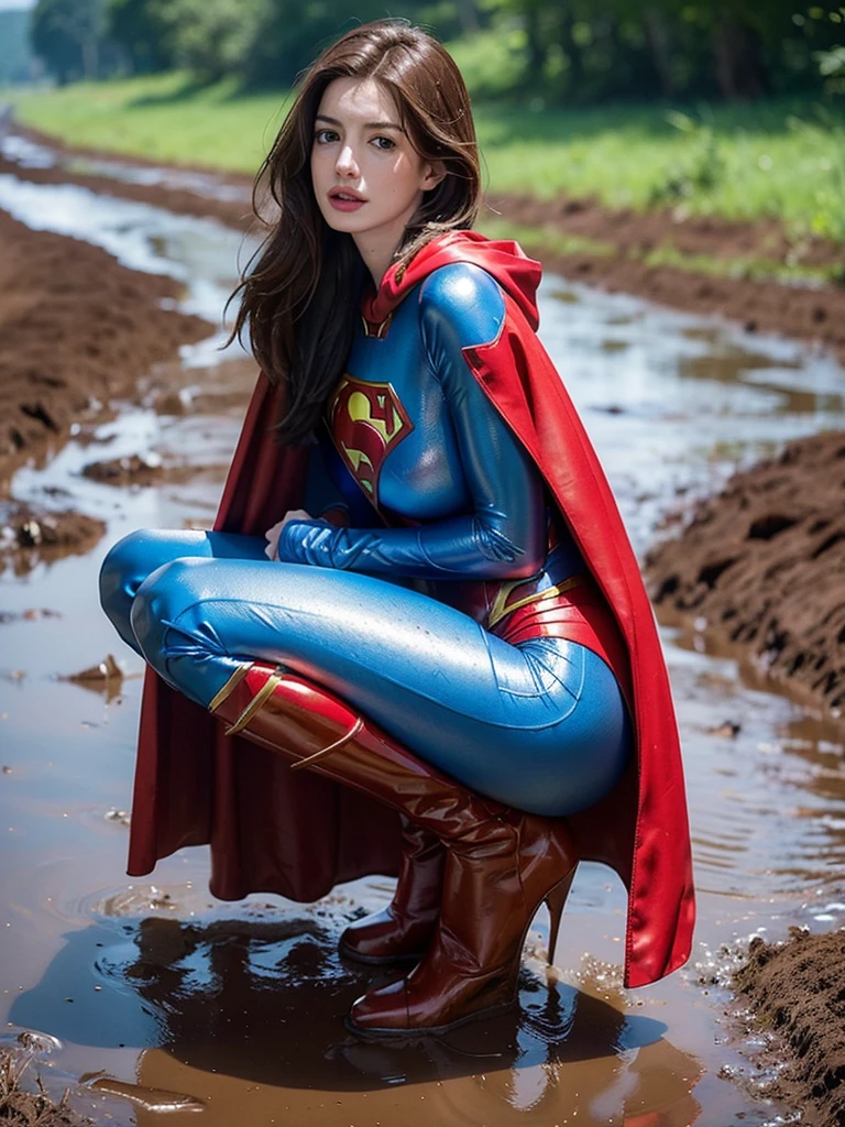 Anne Hathaway has long brown hair，White skin，Big breasts and butt，long legs，slender legs，Wearing a blue shiny full-coverage tight-fitting Superman suit，Red over-the-knee boots，red cloak，，Squatting on a muddy dirt road，Body facing the camera，Clothes covered with mud stains，Realistic style，full body picture
