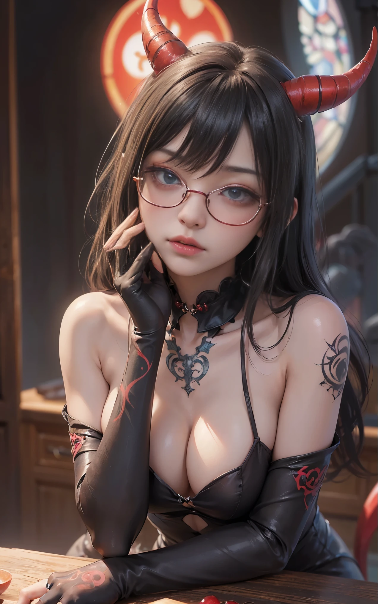 Are you okayですかですか、(best illustrations)、8k UHD resolution、intricate details、highest quality、realistic、Super detailed、best lighting、best shadows、soft lighting、Ultra HD、超realistic、Tyndall effect、Photoreal、(high detail skin:1.2)、 (intricate details, compensate, face to face with the children_v1:0.5), (Are you okay, beautiful and delicate face, Are you okayですか, beautiful and delicate eyes, perfectly proportioned face, high resolution skins, fine skin, Optimal ratio of 4 fingers and 1 thumb, arm under chest, red tattoo on lower abdomen、Wow wow, wide hips, smooth abdomen, thin and thin skin, __fashion__, __hair__:1.25)、Digital single-lens reflex camera、 absurd、(table top: 1.3), (maximum resolution: 1.2), (Ultra HDTV: 1.2), cinematic light, fine eyes and skin, detailed facial features, , (sharp focus: 1.2), (focus on the face:1.2),perfect style, beautiful face, acura, anatomically correct, Highly detailed face and skin texture, fine eyes, double eyelid, thin eyebrows, glitter eyeliner: 1 natural cheeks, Glossy skin, Fair skin: 1.2, (glossy lips: 1.4),(embarrassed look: 1.2),Highly detailed face and skin texture, fine eyes, double eyelid, natural cheeks, glossy lips: 1.4,exposed cleavage、Bewitching。Charm、 Beautiful devil woman from hell, Surreal female portraits by David Hockney and Alphonse Mucha, Charm女性の肖像画、fantasy art, Chinese humanoid、chinese actress、dungeon、dragon、devil'palace of、devil'torture chamber、night、dark style 、in the dark、(detailed spooky background:0.8), magic、 1 girl、evil nun、dark necromancer、Succubus、devil'Daughter of、Shinonome Umi、bat wings,(((devil'horn)))、 ((((giant glasses, otaku glasses, thick glasses, round glasses)))),(((big breasts)))、(devil'tail of)、(red eyesは光り輝いて:1.6)、red eyesは非常に鮮明で詳細です, Your eyes are made up so beautifully, ((red eyes:1.0)),intricate tattoo, demonic intricate tattoo, tattoo on thigh, body tattoo, masterpiece、最もbeautiful face、baby face、cute smile、beautiful plump red lips、筋肉のCharm体、devilのCharm体、devil style、Charmブラックマジックコスチューム、The long-haired、Braid、Black hair、Ponytail distortion、, Ponytail with a bow tied at the back of the hair, beautiful expression、body up、big breasts強調、bust, super tight chest, Breast augmentation surgery, Breasts are very big and round,tight waist、wide ass、 private key, cowboy lens, (black phoenix dress: 1.0), devil crown, red sparkling gemstone necklace、Jewelry G Wise, Please wear black mesh socks,Wearing light red、nffsw, nffsw, meet beautiful girls, look at the girl'body of,
