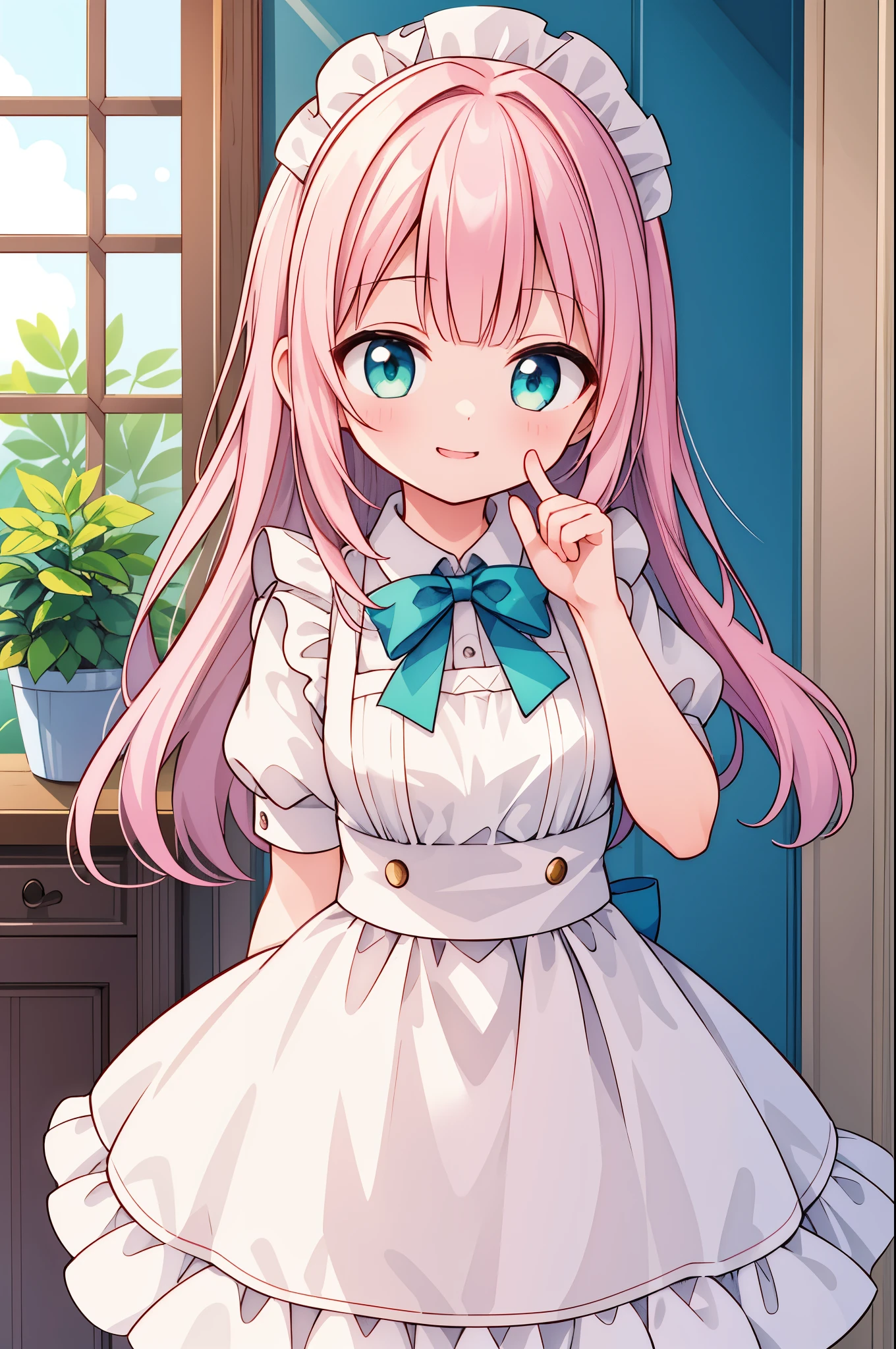 Extremely detailed, disorganized, ultra high resolution, super detailed, highest quality,
1 girl, alone, nice hands, perfect hands,
, blush, bow, bowtie, , maid, maid apron, BREAK smile, Close your mouth and BREAK, put your finger on your mouth, raised his index finger, be quiet, cowboy shot, looking at the viewer,
break slender, cute, perfectly symmetrical face, 超cute girl, 超cute face, highly detailed eyes, ultra detailed hair, 超cute, super beautiful,
rest day, flower, ivy, leaf, indoor, open door, plant, potted plant, vines, window,
blake white (pink:1.2) hair, green eyes, long hair, medium breasts, 前hair, eyebrows visible through hair,