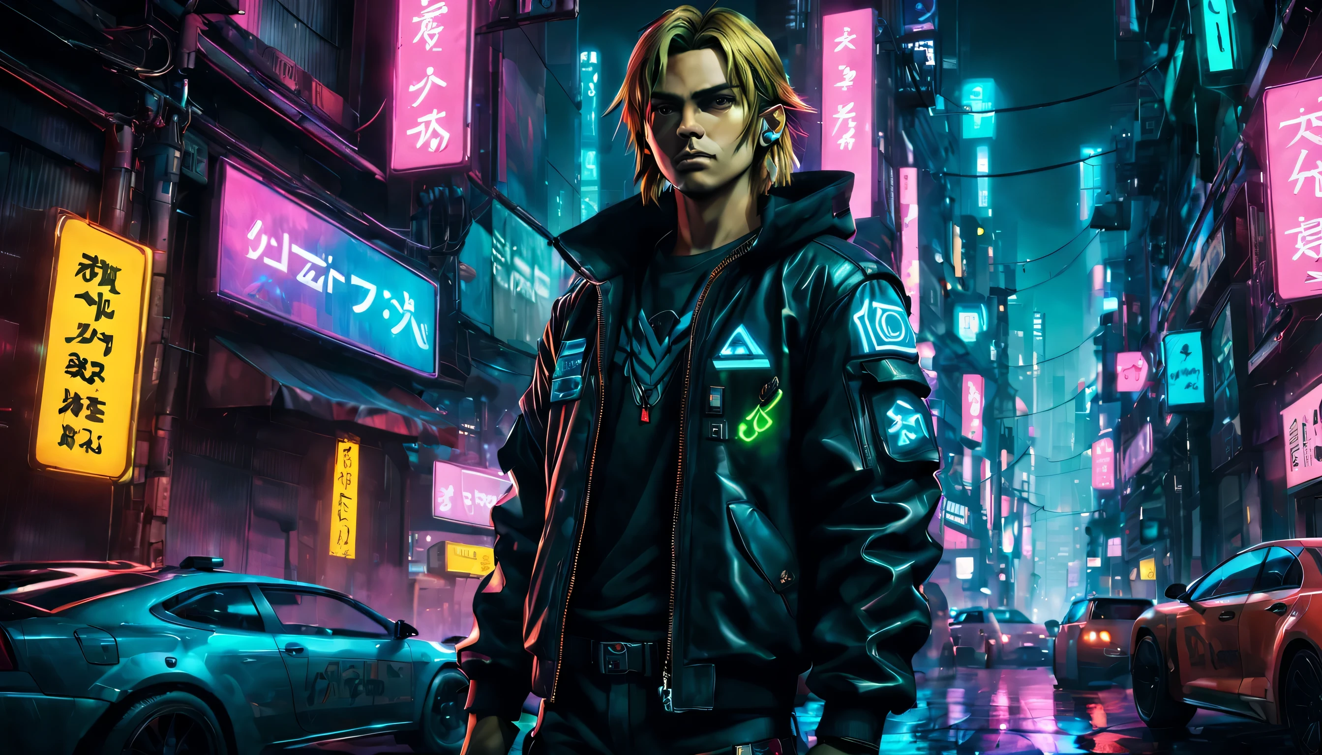 award-winning artwork of Zelda in a cyberpunk setting, neon-lit cityscape, futuristic, gritty, vibrant colors, detailed cybernetic enhancements, holographic projections, urban decay, by renowned digital artist, inspired by Blade Runner, trending on ArtStation, high contrast, dramatic lighting, cinematic composition, masterpiece, best quality, high quality, absurdres,  futuristic motorcycles race through downtown Tokyo in Shibuya district. They wear cyberpunk jackets, surrounded by cars, fully immersed in the virtual world. Neon signs of different colors bathe the room in a vibrant glow, illuminating his gaming setup and highlighting his unique style. Focus on the expression of joy and determination on his face, showcasing the empowering experience of gaming despite physical limitations.
