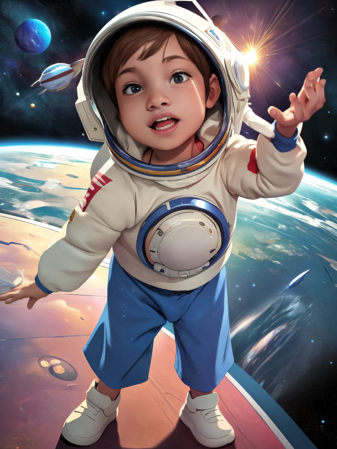 Cinematic Cartoon style. Comic art. TME0224 face, (((a baby boy, ***))) in a funny night (((wearing a astronaut costume))). (((Comic cosmic space background))). cinematic lighting, drop shadow, masterpiece, UHD, anatomically correct, textured skin, super detail, high details, high quality, best quality, 4K