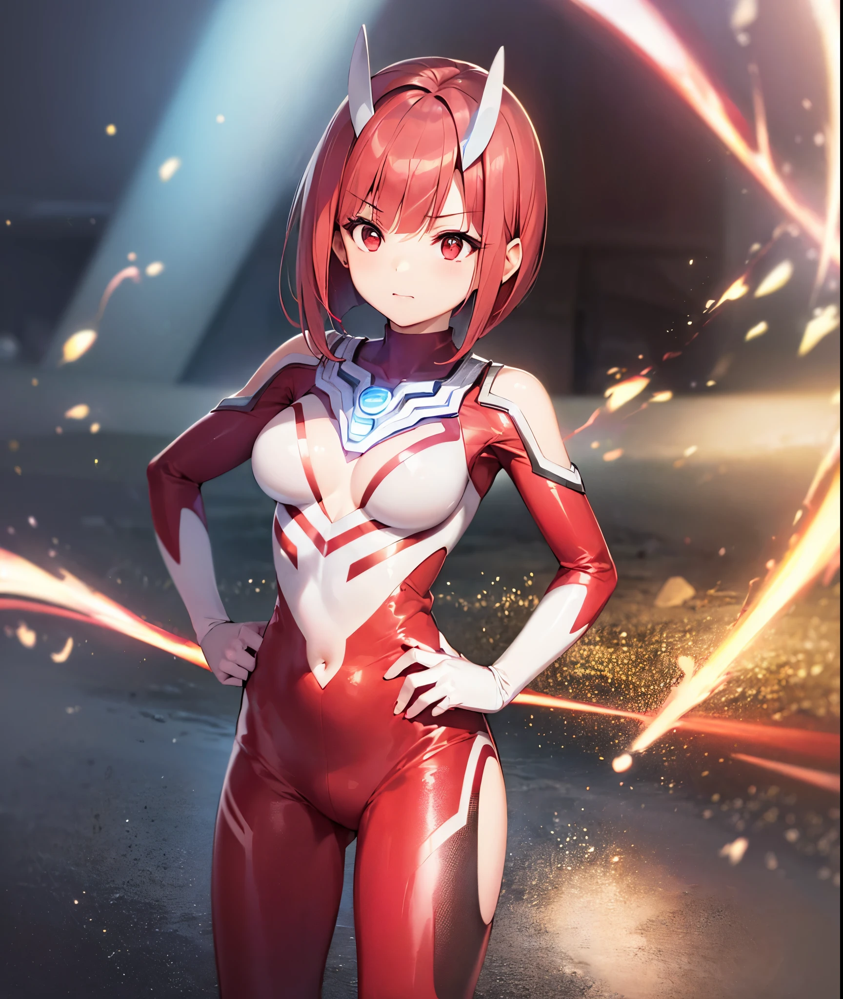 Close-up,highest quality, ultra detail, High quality CG drawing, The most delicate and beautiful, Floating gently, High resolution, (1 girl), (Highest image quality,4K,8K,masterpiece:1.2),(all red hair:1.5),(short bob:1.5),bangs bangs,(red eyes:1.5), (ultra girl :1.0), (silver and red ultraman bodysuit:1.4),slightly bigger breasts,Upper body,(clenched fist:1.2),(put both hands on hips:1.2)