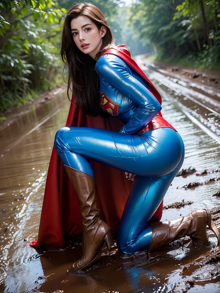 Anne Hathaway has long brown hair,White skin,Big breasts and butt,long legs,slender legs,Wearing a blue shiny full-coverage tight-fitting Superman suit,Red over-the-knee boots,red cloak,,Kneeling on the muddy dirt road,Body facing the camera,Clothes covered with mud stains,Realistic style,full body picture