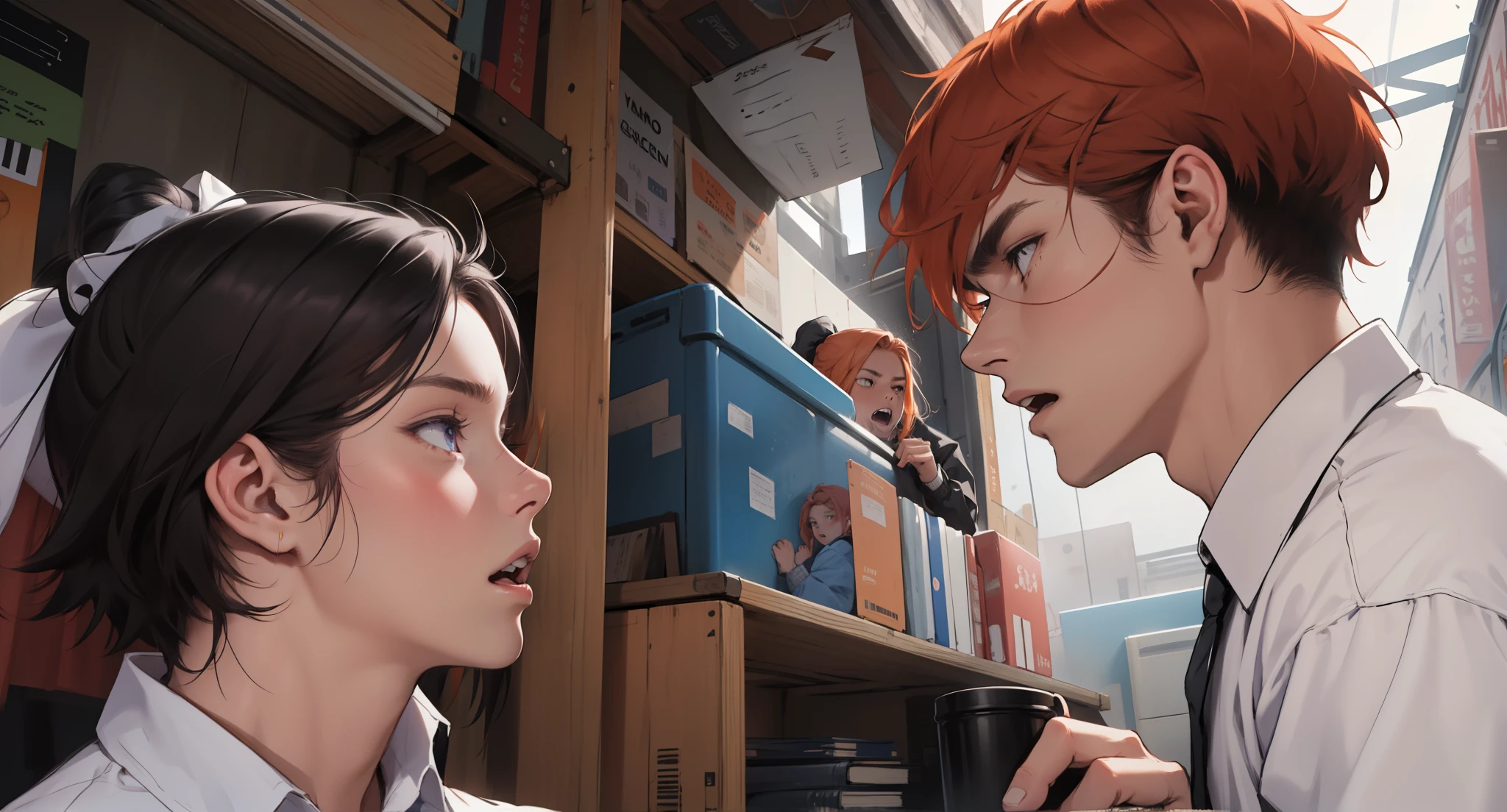 There are two 17-year-olds arguing, one has white hair, the other has orange hair, and is serious. A 15-year-old girl is arguing with her friend, her hair is violet, she yells at him, hits him in the face.