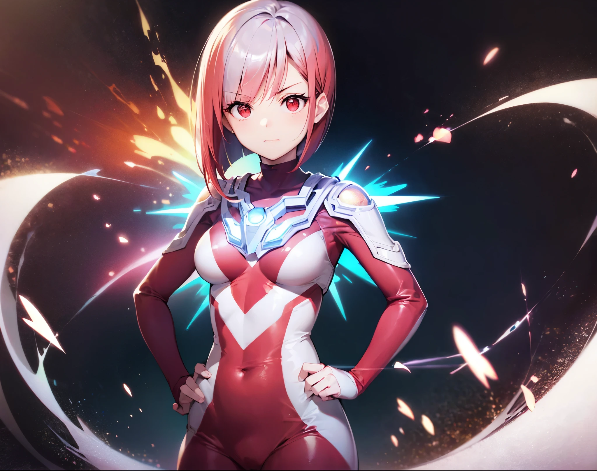 Close-up,highest quality, ultra detail, High quality CG drawing, The most delicate and beautiful, Floating gently, High resolution, (1 girl), (Highest image quality,4K,8K,masterpiece:1.2),(all red hair:1.5),(short bob:1.5),bangs bangs,(red eyes:1.5), (ultra girl :1.0), (silver and red ultraman bodysuit:1.4),slightly bigger breasts,Upper body,(clenched fist:1.2),(put both hands on hips:1.2)