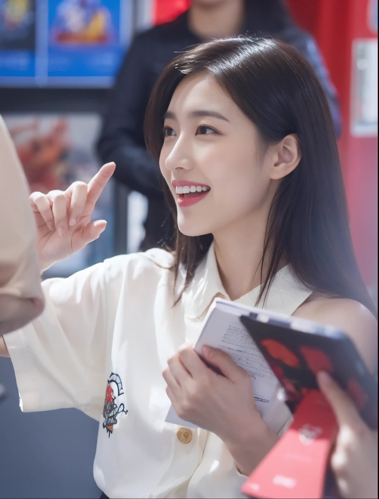 ((Masterpiece, Top image quality, high resolution、alone、skin shiny))(on the table, best quality, actual, super detailed, meticulous, high resolution, 8k wallpaper), Close-up portrait of a beautiful woman, like, smiling, light brown messy hair, Perfect dynamic composition, 美丽meticulous的眼睛, Just like the cover of a fashion magazine, on campus,wearing gold glasses