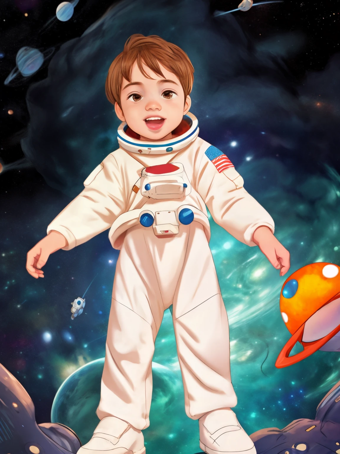 Cinematic Cartoon style. Comic art. TME0224 face, (((a , 4yo))) in funny night (((wearing a astronaut costume))). (((Comic cosmic space background))). cinematic lighting, drop shadow, masterpiece, UHD, anatomically correct, textured skin, super detail, high details, high quality, best quality, 4K