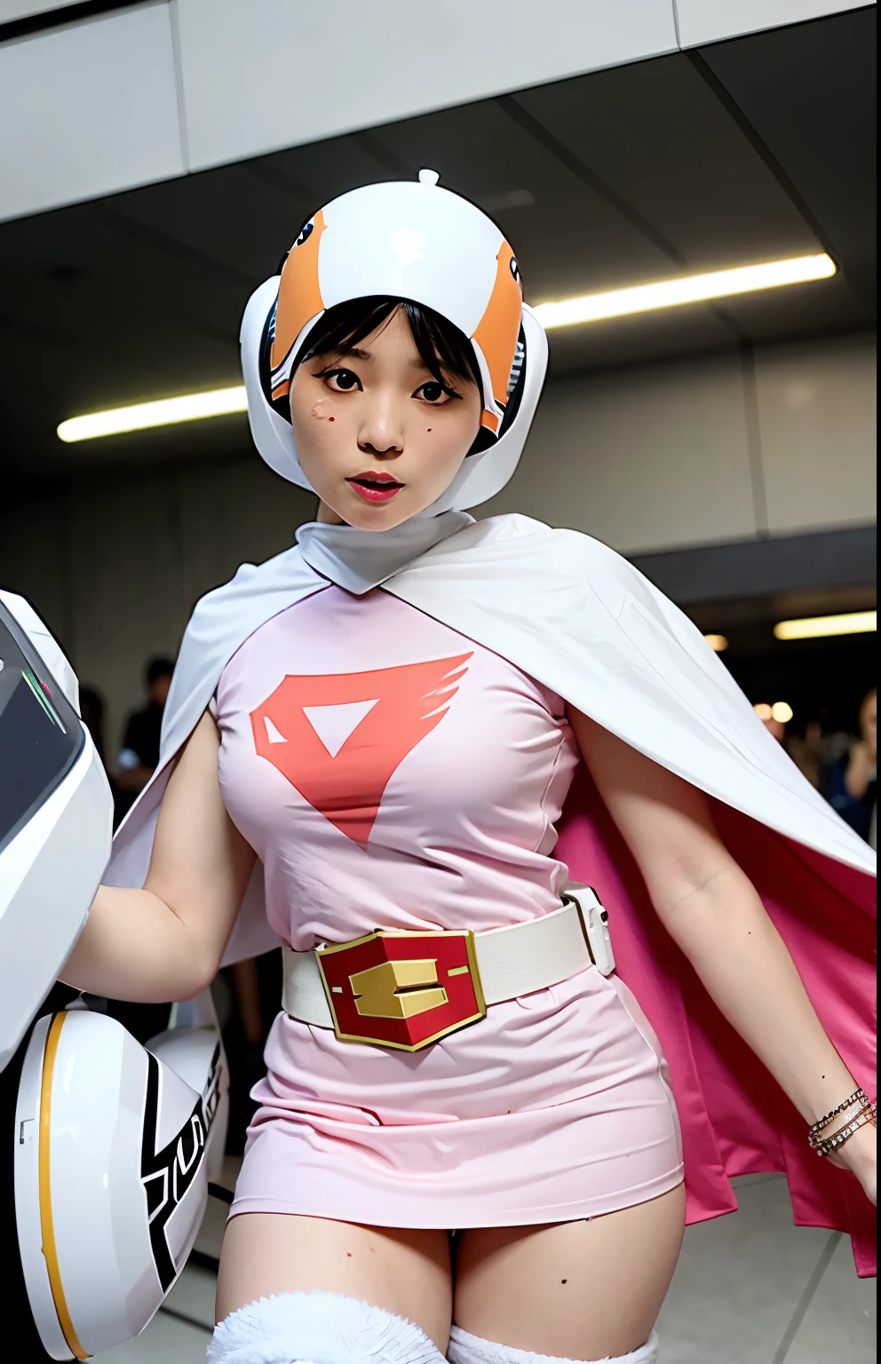 Alafi wearing a pink and white costume and cloak, As a retro-futuristic heroine, echo from overwatch, Portrait of a modern dharna, professional cosplay, As an Overwatch character, power girl, publicity cosplay, As a retro-futuristic heroine, As an Overwatch character, IU Lee Ji Eun plays a super villain, cosplayer, full-cosplay, anime cosplay, cosplay