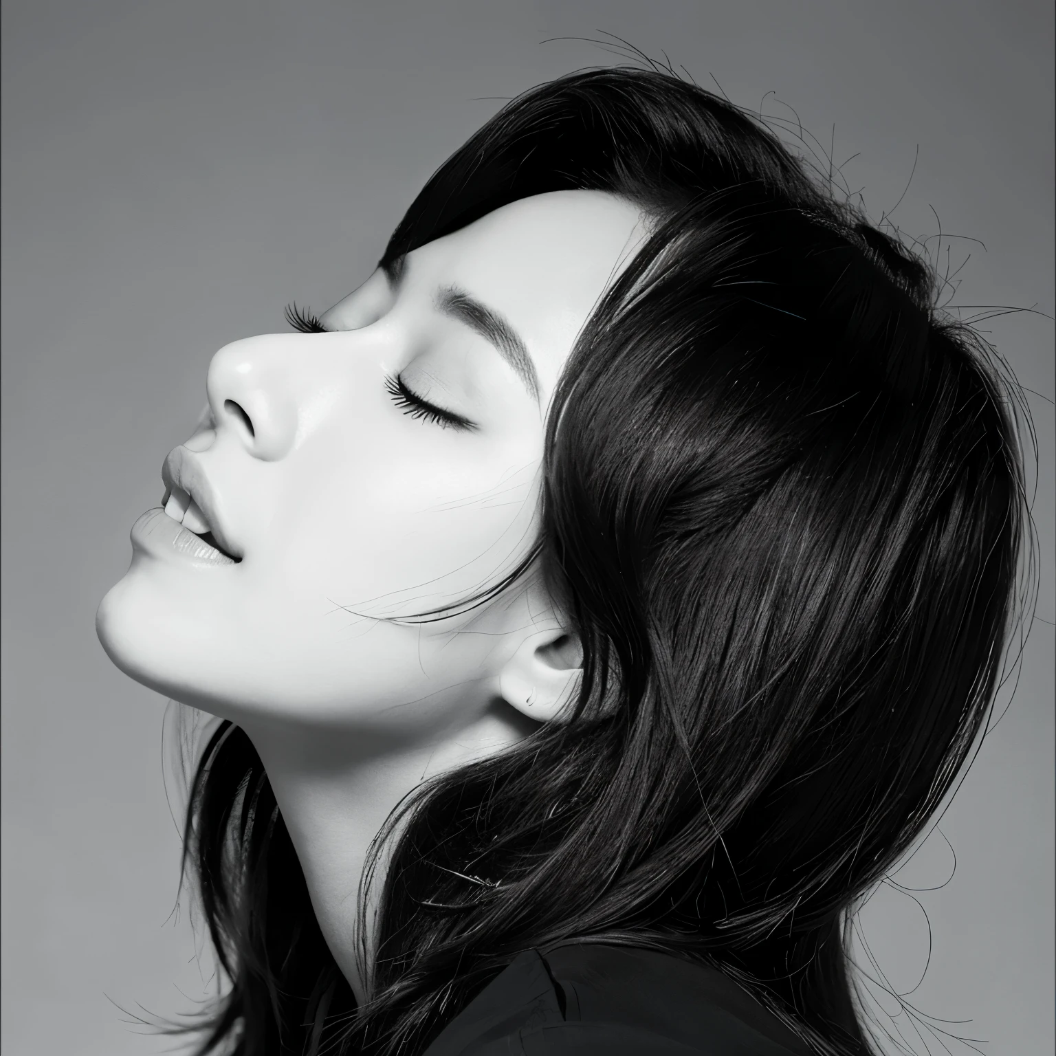 Cool woman with eyes closed、black and white