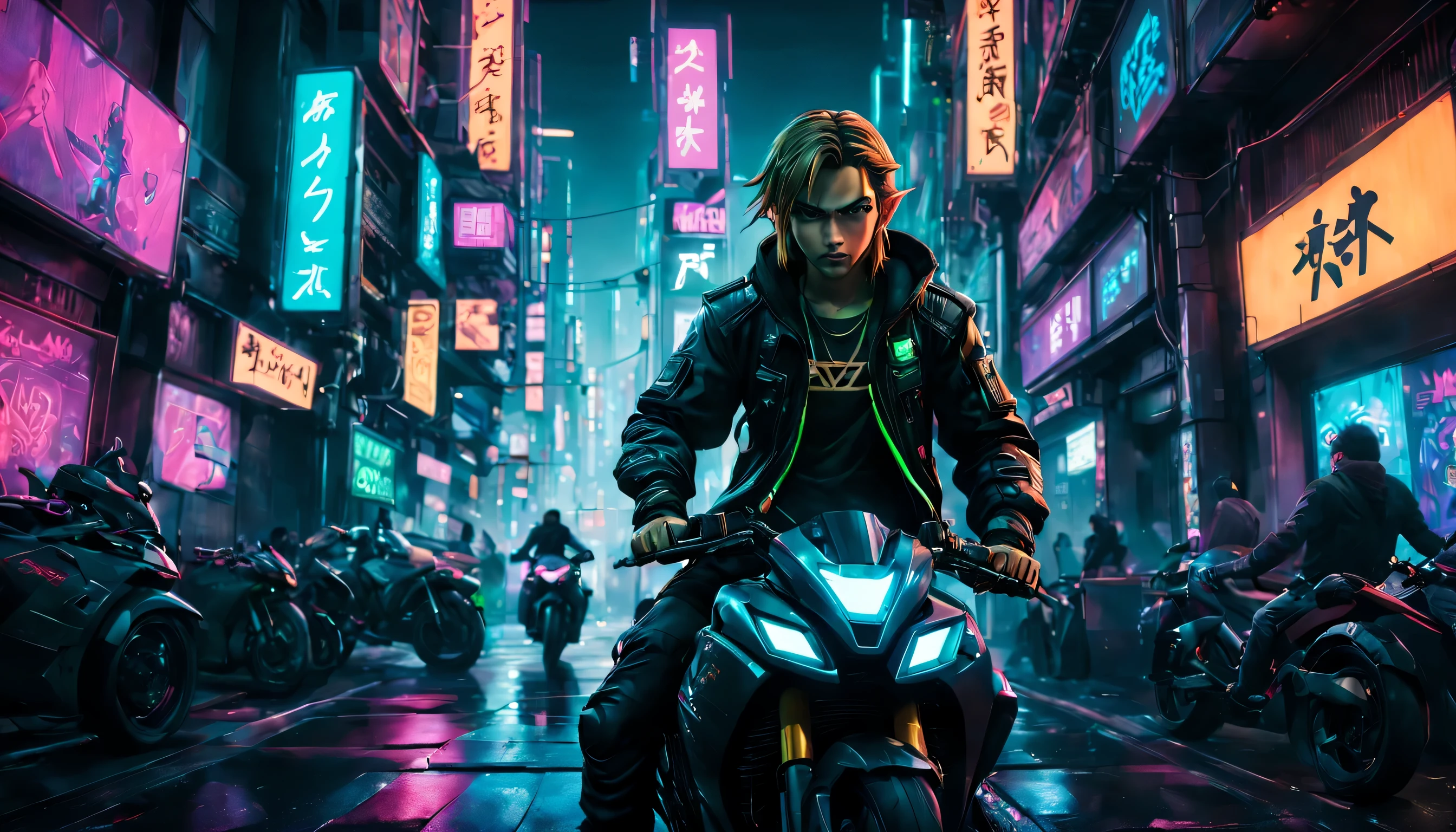 award-winning artwork of Zelda in a cyberpunk setting, neon-lit cityscape, futuristic, gritty, vibrant colors, detailed cybernetic enhancements, holographic projections, urban decay, by renowned digital artist, inspired by Blade Runner, trending on ArtStation, high contrast, dramatic lighting, cinematic composition, masterpiece, best quality, high quality, absurdres, a. man with dark futuristic motorcycles race through downtown Tokyo in Shibuya district. They wear cyberpunk jackets, surrounded by cars, fully immersed in the virtual world. Neon signs of different colors bathe the room in a vibrant glow, illuminating his gaming setup and highlighting his unique style. Focus on the expression of joy and determination on his face, showcasing the empowering experience of gaming despite physical limitations.