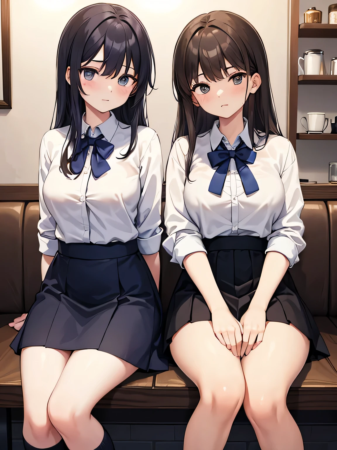 (1) Two women are sitting on chairs in a cafe, look tired. Both are cafe employees.. they are tired and collapsed.
(2) both women&#39;s skirts are too short、Panties are almost visible. their panties are white.
(3) The first woman is a -yeld hischool student with a childish appearance., short black hair, wearing a white cut shirt, navy miniskirt and navy socks.
(4) The second woman is a 22-year-old college student., mature look, with long brown hair, wearing a white cut shirt, black miniskirt and black socks.
(5) The location is after closing (At night) A nice cafe in the city.