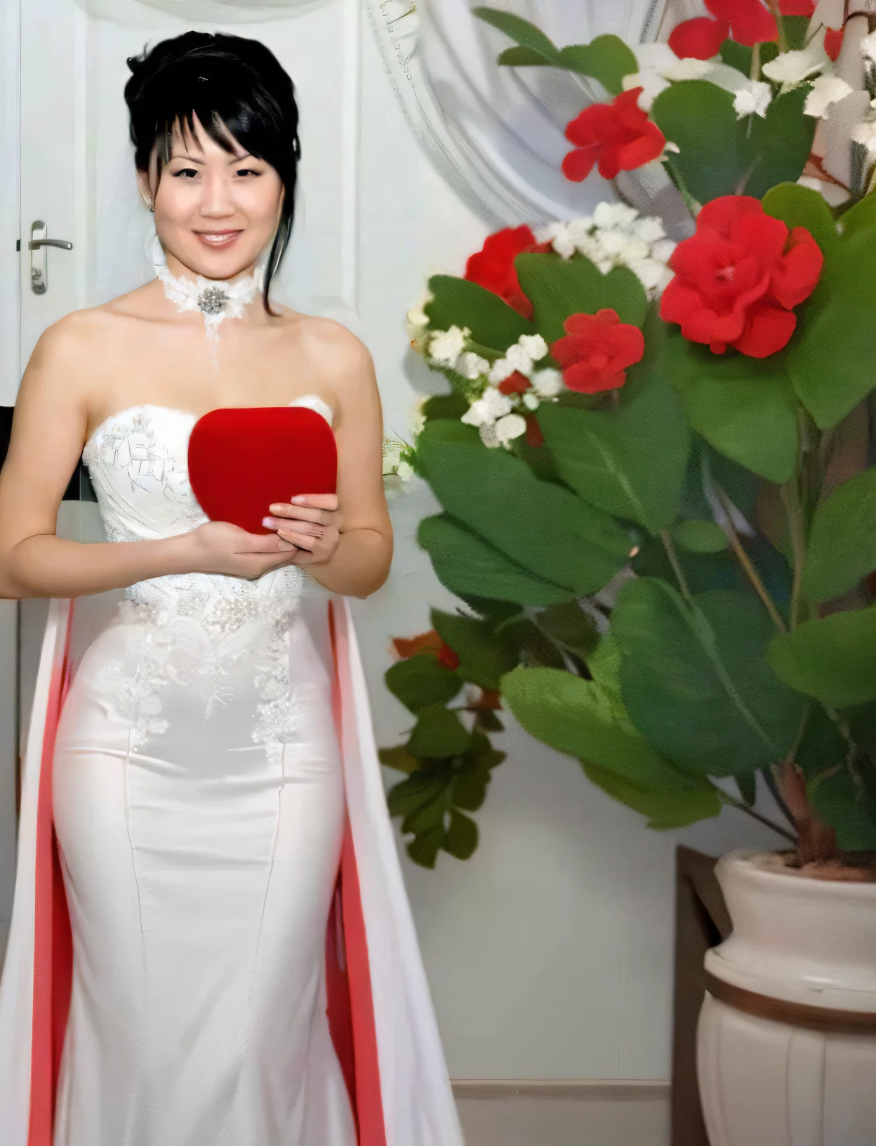 Bride with red heart-shaped box in front of white door, Chinese female, asian women, hurt my spirit, tomorrow, Tranhyeon, frame style, wearing a red cheongsam, chinese girl, Chen Xintong, Yunlin, Wenfei Ye, korean woman, Works influenced by Kim Doo-ryang, Shwehan,Keep your face small