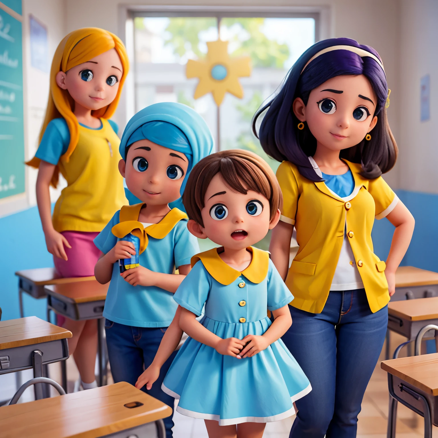 Turma de alunos com a professora na sala de aula, todos com camisa azul com gola amarela.