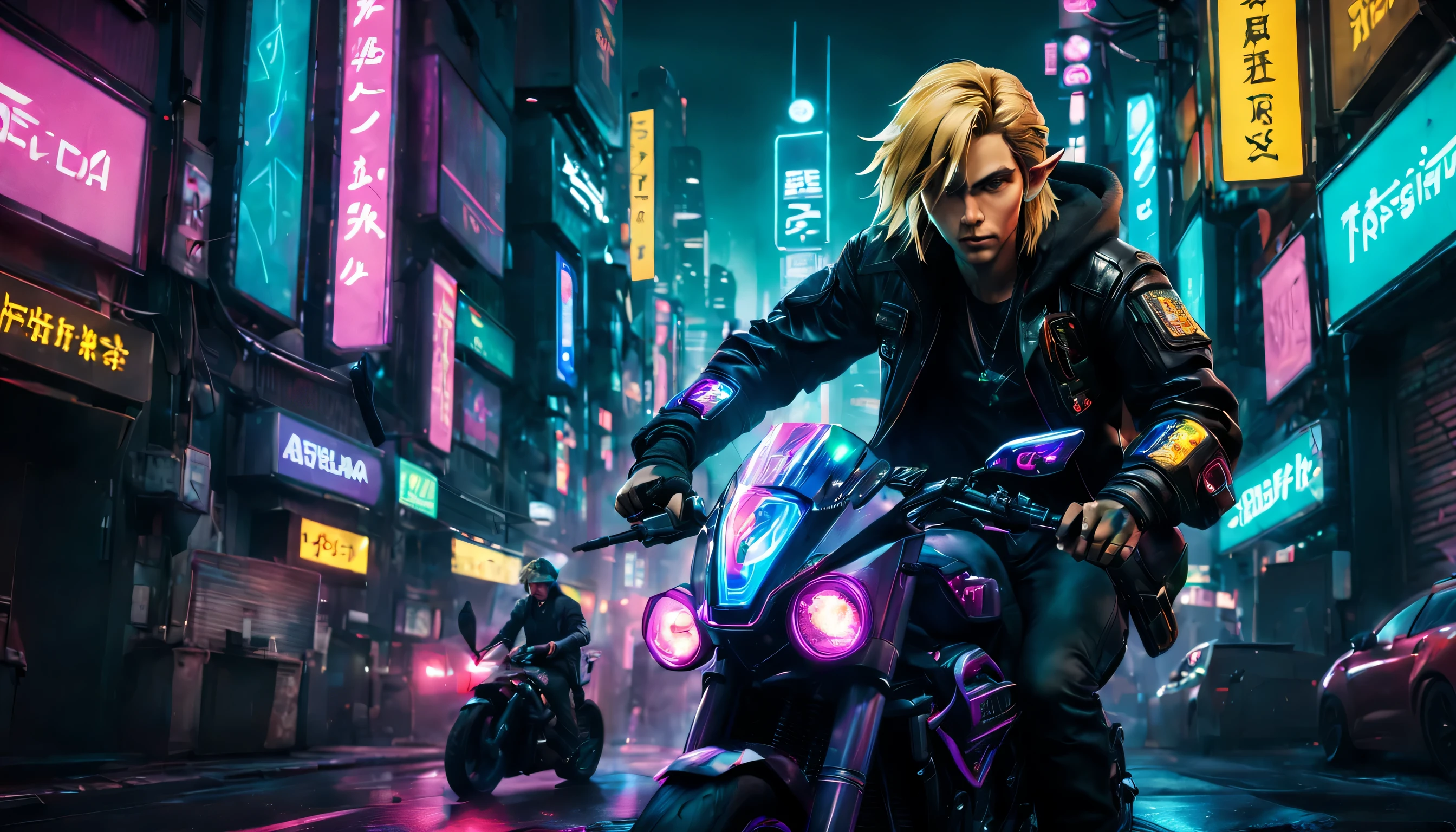 award-winning artwork of Zelda in a cyberpunk setting, neon-lit cityscape, futuristic, gritty, vibrant colors, detailed cybernetic enhancements, holographic projections, urban decay, by renowned digital artist, inspired by Blade Runner, trending on ArtStation, high contrast, dramatic lighting, cinematic composition, masterpiece, best quality, high quality, absurdres, a man with blonde hair rides on futuristic motorcycles racing through downtown Tokyo in Shibuya district. A black man with kilmonger hair races behind him on a futuristic motorcycle as well. They wear cyberpunk jackets, surrounded by cars, fully immersed in the virtual world. Neon signs of different colors bathe the room in a vibrant glow, illuminating his gaming setup and highlighting his unique style. Focus on the expression of joy and determination on his face, showcasing the empowering experience of gaming despite physical limitations.

