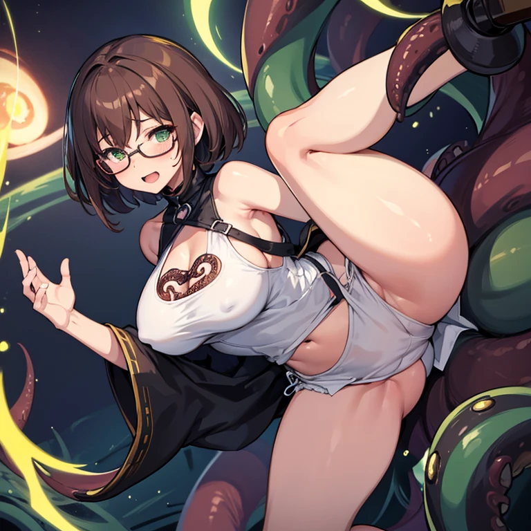 masterpiece, best quality, one woman, full body, large breast, large butt, thighs, short hair, brown hair, glasses, look happy, shy, blush, sweat, open mouth, white tank top, torn clothes, black panties, black over knee socks, spread legs, girl defeated by tentacles, green tentacles, sex with tentacles, surround tentacles, caress body, in the spaceship,