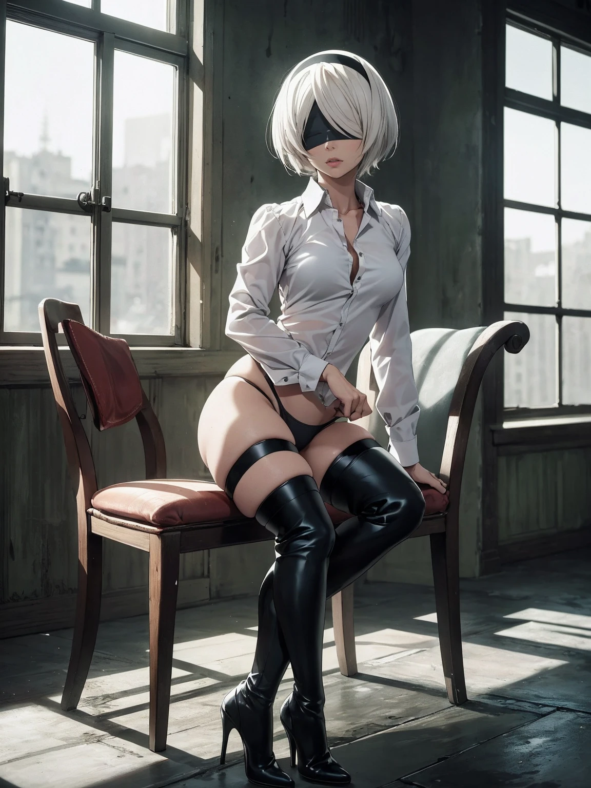 (MFBP1, 1girl, solo), (((cute, kawai, leg on the chair, (posing on a chair)))), (high quality), perfect face, ((facing, long sleeves,  light blue shirt, dress shirt)), standing, teasing, in door, bedroom background, cat logo in shirt,(((front, muscular, fitness, panties))), 2B, 1girl, solo, short hair,((serious expression, austere)), long sleeves, medium breasts, standing, white hair, hairband, boots, black thighhighs, black footwear, mole, high heels, thigh boots, high heel boots, blindfold, covered eyes, black blindfold, masterpiece