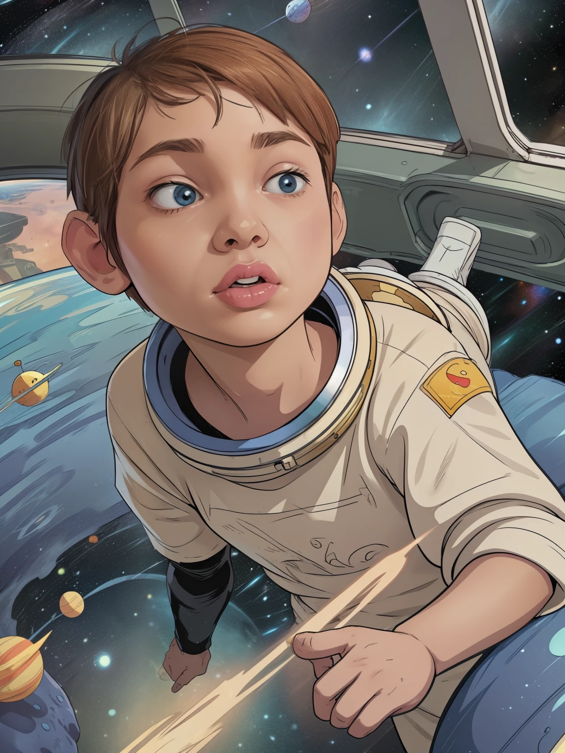 Cinematic Cartoon style. Comic art. TME0224 face, (((a baby boy, ***))) in a funny night (((wearing a astronaut costume))). (((Comic cosmic space background))). cinematic lighting, drop shadow, masterpiece, UHD, anatomically correct, textured skin, super detail, high details, high quality, best quality, 4K