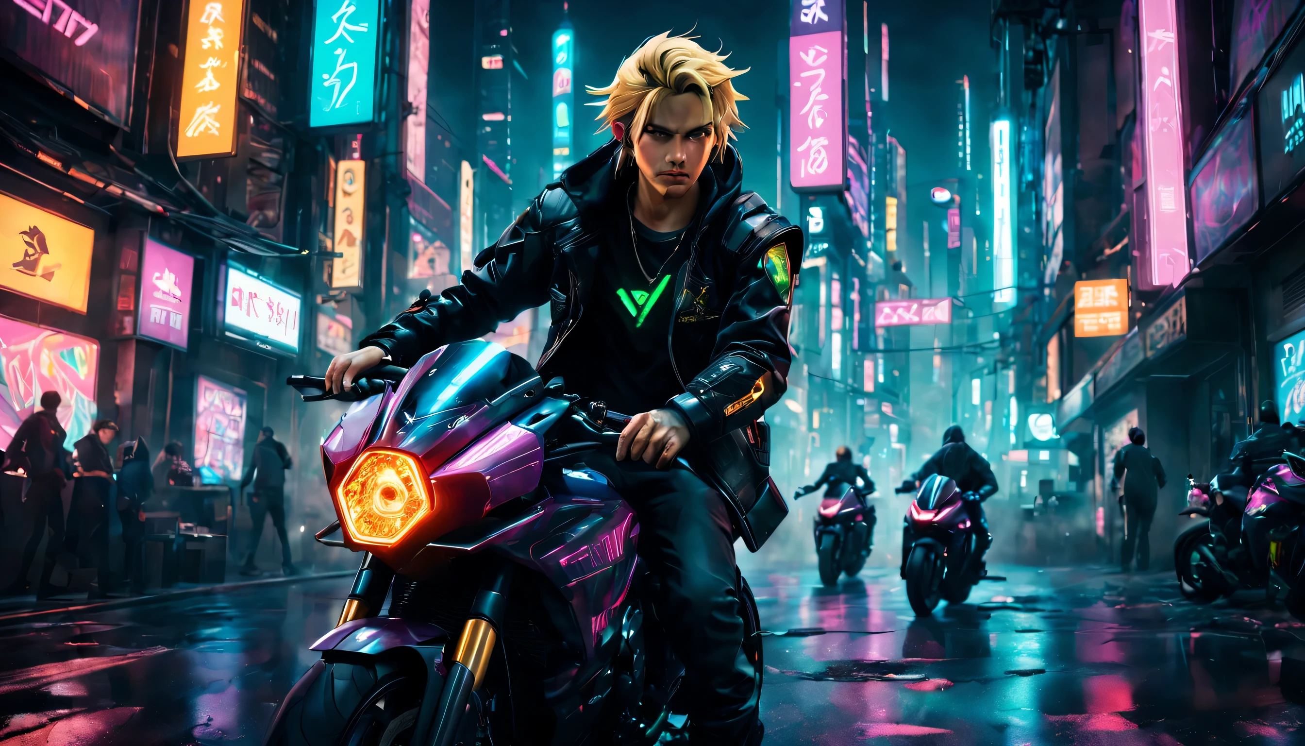 award-winning artwork of Zelda in a cyberpunk setting, neon-lit cityscape, futuristic, gritty, vibrant colors, detailed cybernetic enhancements, holographic projections, urban decay, by renowned digital artist, inspired by Blade Runner, trending on ArtStation, high contrast, dramatic lighting, cinematic composition, masterpiece, best quality, high quality, absurdres, a man with blonde hair rides on futuristic motorcycles racing through downtown Tokyo in Shibuya district. A black man with kilmonger hair races behind him on a futuristic motorcycle as well. They wear cyberpunk jackets, surrounded by cars, fully immersed in the virtual world. Neon signs of different colors bathe the room in a vibrant glow, illuminating his gaming setup and highlighting his unique style. Focus on the expression of joy and determination on his face, showcasing the empowering experience of gaming despite physical limitations.
