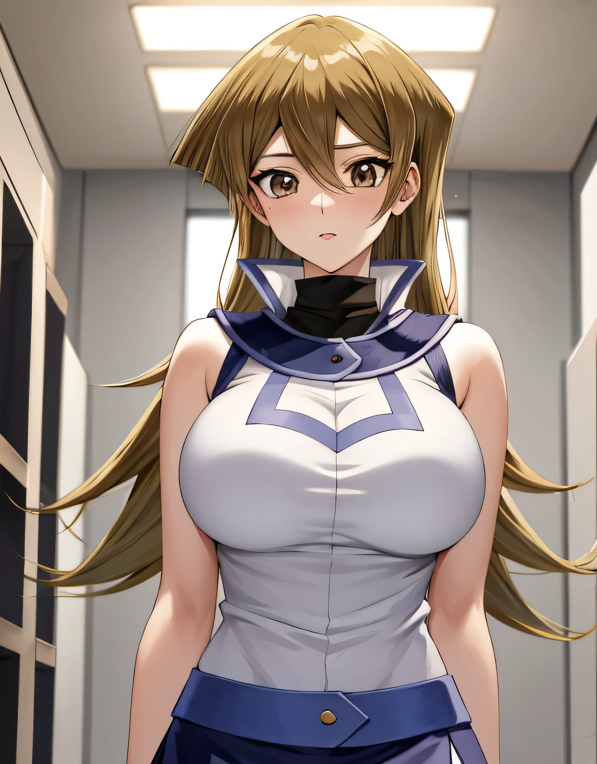 TenjouinAsukaDef,long hair,前hair,hair between eyes,brown eyes, long hair, skirt, shirt, bare shoulders, school uniform, white shirt, No sleeve, shiny, belt, miniskirt, blue skirt, No sleeve shirt, turtleneck, Duel Academy uniform (Yu-Gi-Oh! GX), tenjouin asuka,indoor hall,(big breasts:1.5),shiny,hair,((alone)),((masterpiece)),((highest quality)),perfect anatomy,slim waist,perfect image,8k UHD,(detailed and beautiful eyes:1.3),highly detailed face,Are standing,(Upper body:1.1),(look ahead:1.1),back arm,super detailed,disorganized,High resolution,