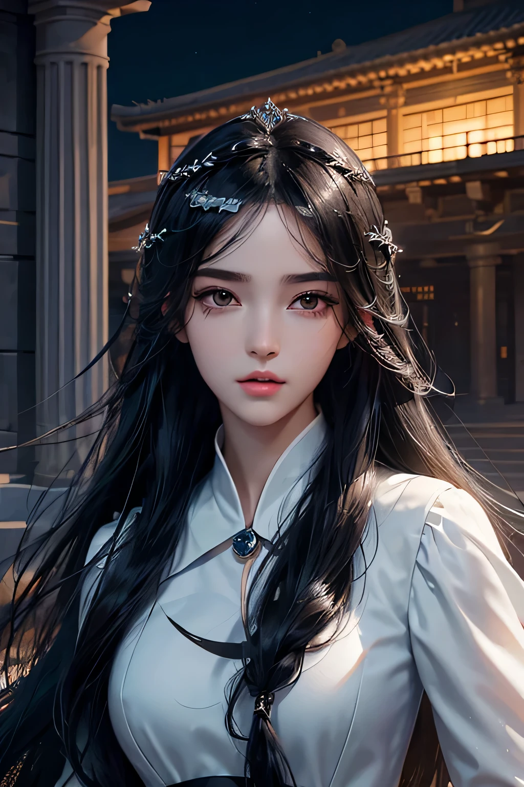 school beauty,  black eyes, long black hair, flowing hair, wipe forehead, flying bangs, firm eyes, masterpiece, campus architecture, night, Frontal portrait shooting, Side lighting, 8k, ultra high definition, semi-realistic，The eyebrows are beautiful，black eyes，slender figure，Exquisite facial features，Princess dress，suggest