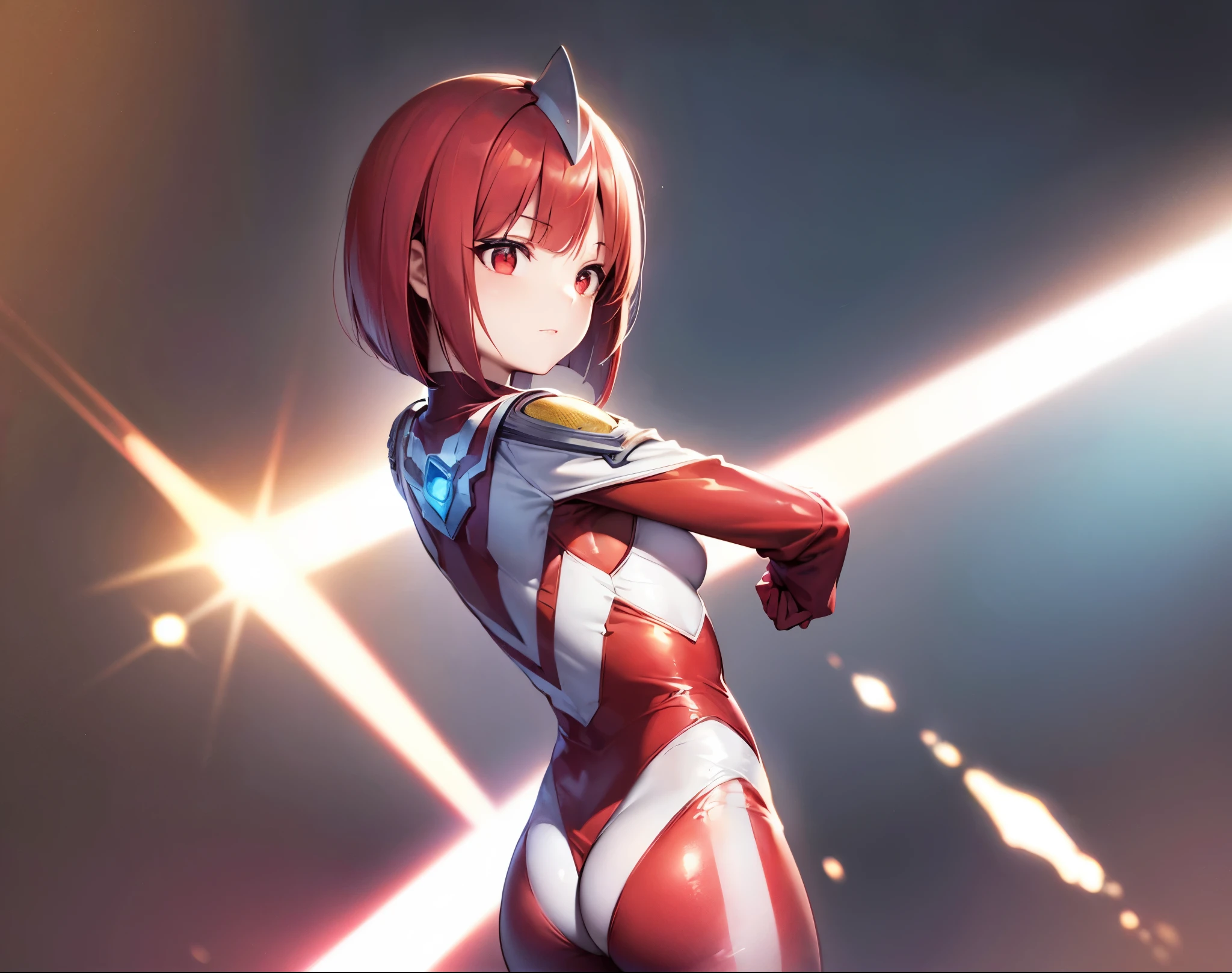 Close-up,highest quality, ultra detail, High quality CG drawing, The most delicate and beautiful, Floating gently, High resolution, (1 girl), (Highest image quality,4K,8K,masterpiece:1.2),(all red hair:1.5),(short bob:1.5),bangs bangs,(red eyes:1.5), (ultra girl :1.0), (silver and red ultraman bodysuit:1.4),slightly bigger breasts,Upper body,(clenched fist:1.2),(put both hands on hips:1.2),(Turn your back to your audience:1.3)