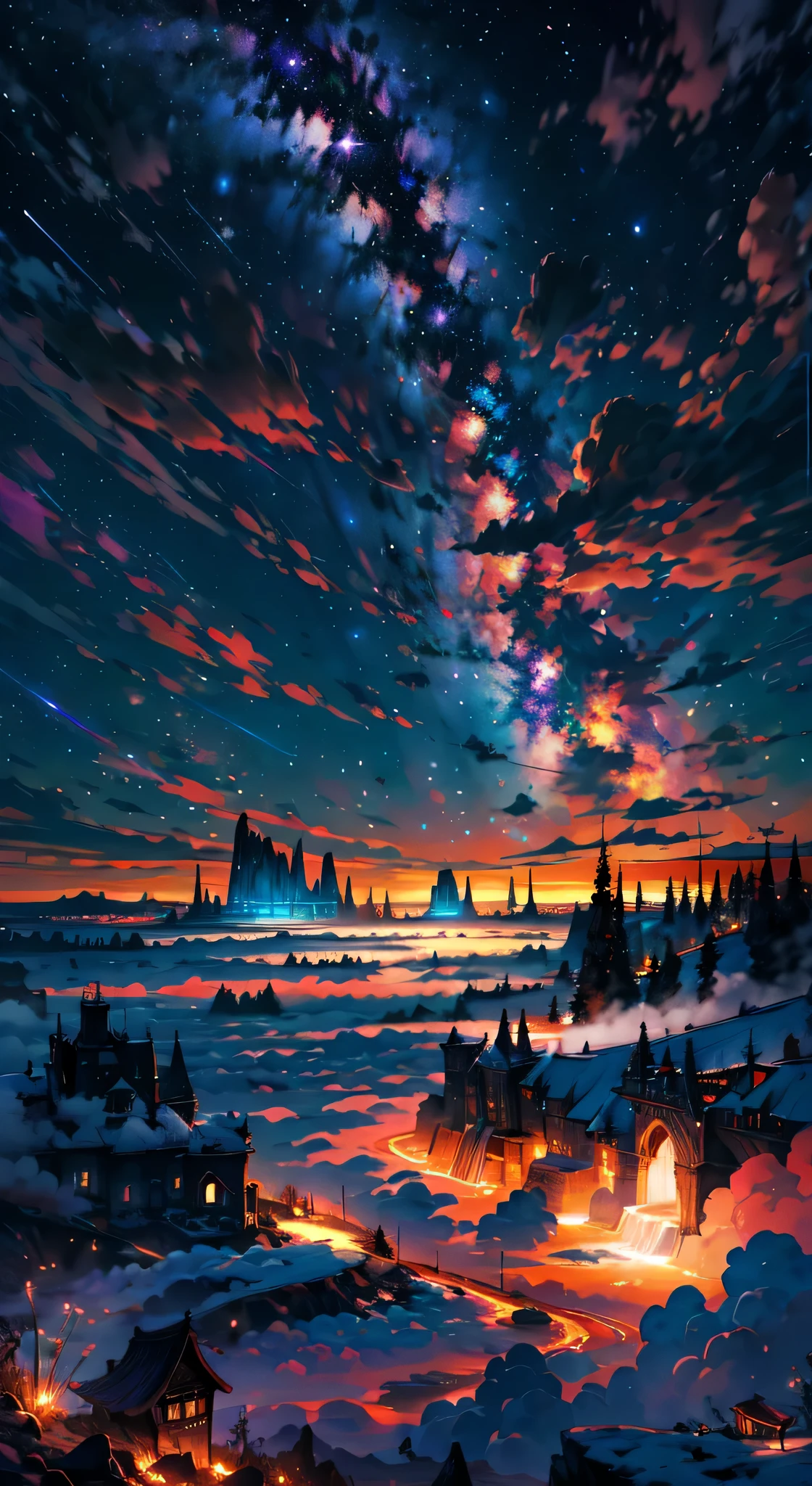 The image depicts a breathtaking otherworldly scenery that is nothing short of magical. It appears to be taken from high above the clouds, as the viewer is presented with a stunning panoramic view of the vast expanse of the sky. The stars twinkle and glimmer, creating a mesmerizing spectacle that is truly awe-inspiring. A colorful rainbow is also visible in the distance, adding a pop of vibrant hues to the otherwise serene and tranquil atmosphere. The sun shines brightly, casting a warm and welcoming glow over the entire scene. Overall, this image is a symphony of colors, light, and beauty that transports the viewer to another world entirely.