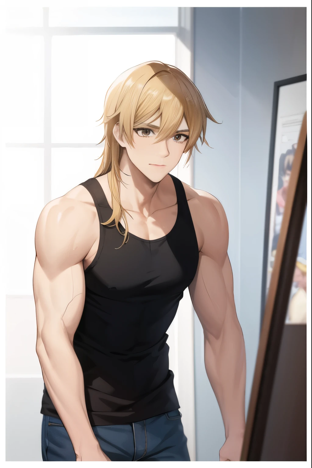 Close-up of a man with long blonde hair, brown eyed man, classic men, Made at Anime Painter Studio, clothing:black tank top, male romance, anime style, muscular man, masculine and muscular, tall, high school boy, wore denim shorts, Are standing, anime dick!!!!, tank top with an black, bare shoulders, bare arms, 