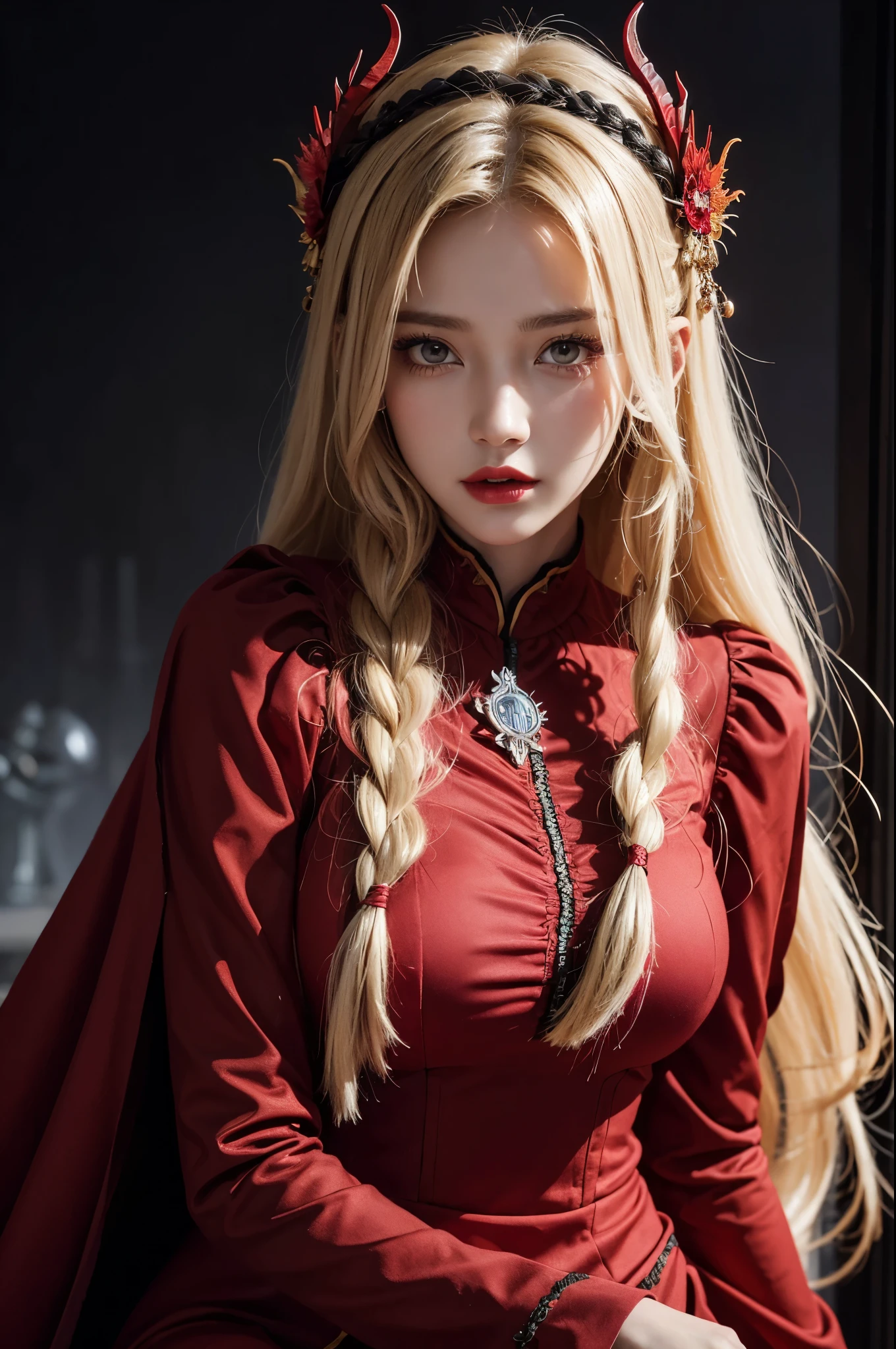 1 beautiful devil woman from hell, charming Russian model Nata Lee, light blonde hair, In the Dark: 1.6), surreal female portrait by David Hockney and Alphonse Mucha, fantasy art, korea doll, photorealism, dynamic lighting, art station, poster, volumetric lighting, very detailed faces, 8k ultra, Awarded, in the dark, deep shadow, low key, cowboy lens, (Red phoenix dress: 1.4), long hair, black hair, bust, luxurious palace, Royal style, devil crown, red eyes make up very sharp and detailed, The most beautiful face, big and regular breasts, Super realistic, Chinese women's clothing, polo neck sweater, Charming smile, The eyes are very well made up, guweiz, devil style, long, wearing black mesh socks, upper body, 2 bangs braided hair, Red lips, Devil tattoo on shoulder, wearing a thin red and black robe, the landscape is overcast and thunderous, Portrait, Close-up of the main character,