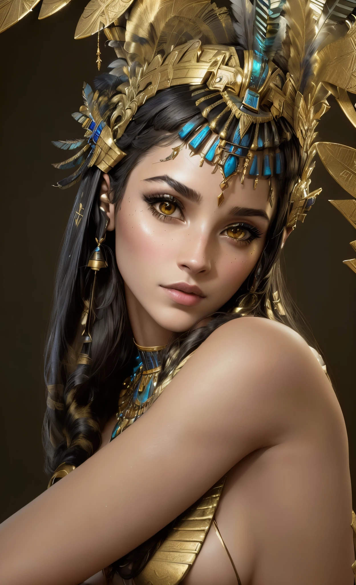 A woman wearing a headdress and feathers, cleopatra portrait, beautiful cleopatra, 3d, goddess, portrait, アステカ王女のportrait, goddessとしてのナタリー・ポートマン, cleopatra, 映画のgoddessのショット, egyptian princess, goddessのportrait, zbrush art, surreal fantasy art, Black Emma Watson becomes Egyptian, realistic digital art,raw photos, Shapuri, by lee jeffries nikon d850 film stock 写真graph 4 kodak portra 400 camera f1.6 lens rich colors hyper realistic lifelike texture dramatic lighting unrealengine trending on artstation cinestill 800,(((dynamic angle, full body)))
