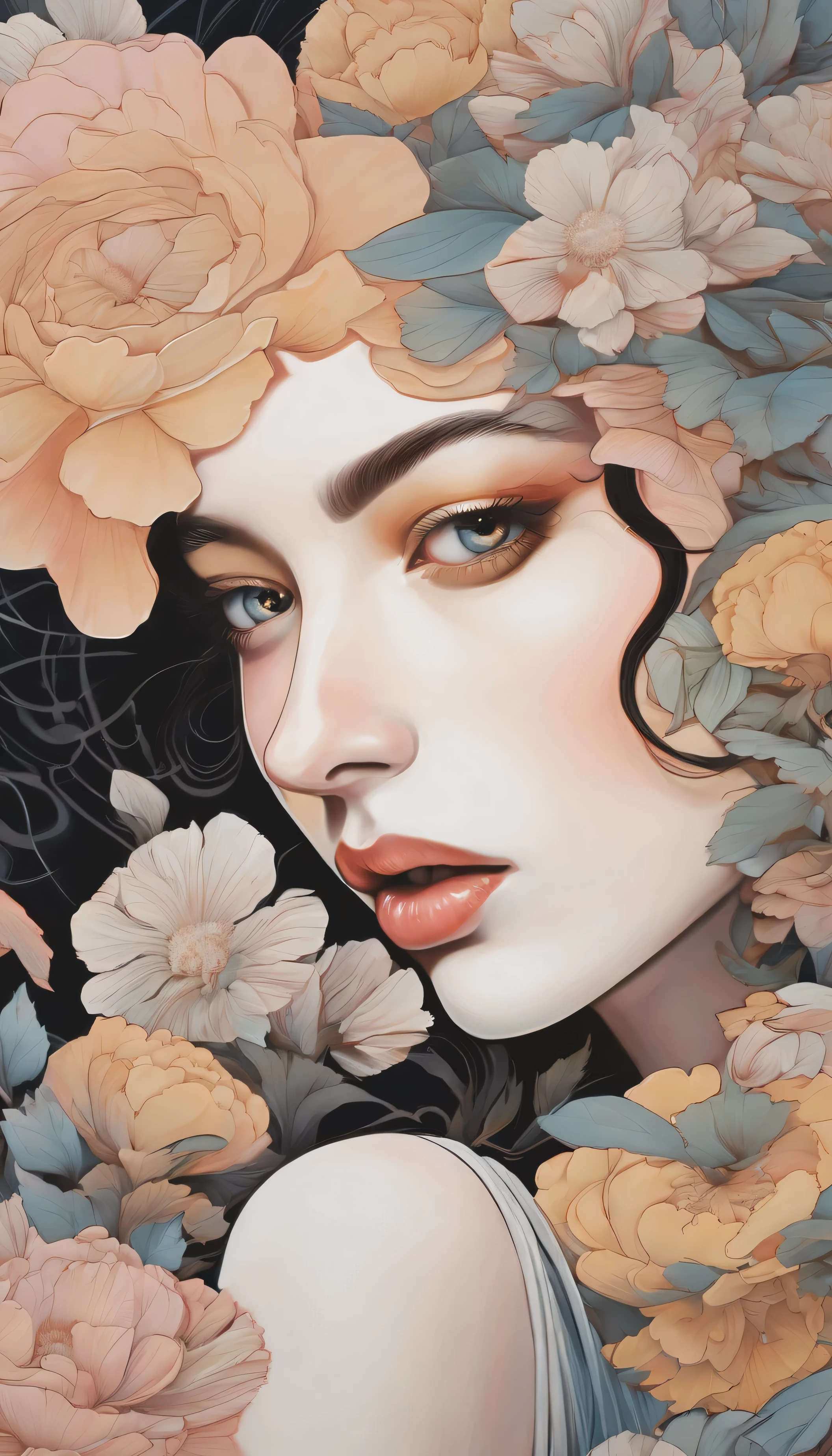 chiaroscuro technique in the sensual illustration of an elegant circle of flowers in the background , vintage ,sedoso e misterioso, pintura fosca, por Hannah Dale, por Harumi Hironaka, cores extremamente suaves, vibrante, pastel, altamente detalhado, arte digital, alto contraste, Dramatic, refinado, tonal, golden ratio. , metade do rosto de uma jovem na era vitoriana