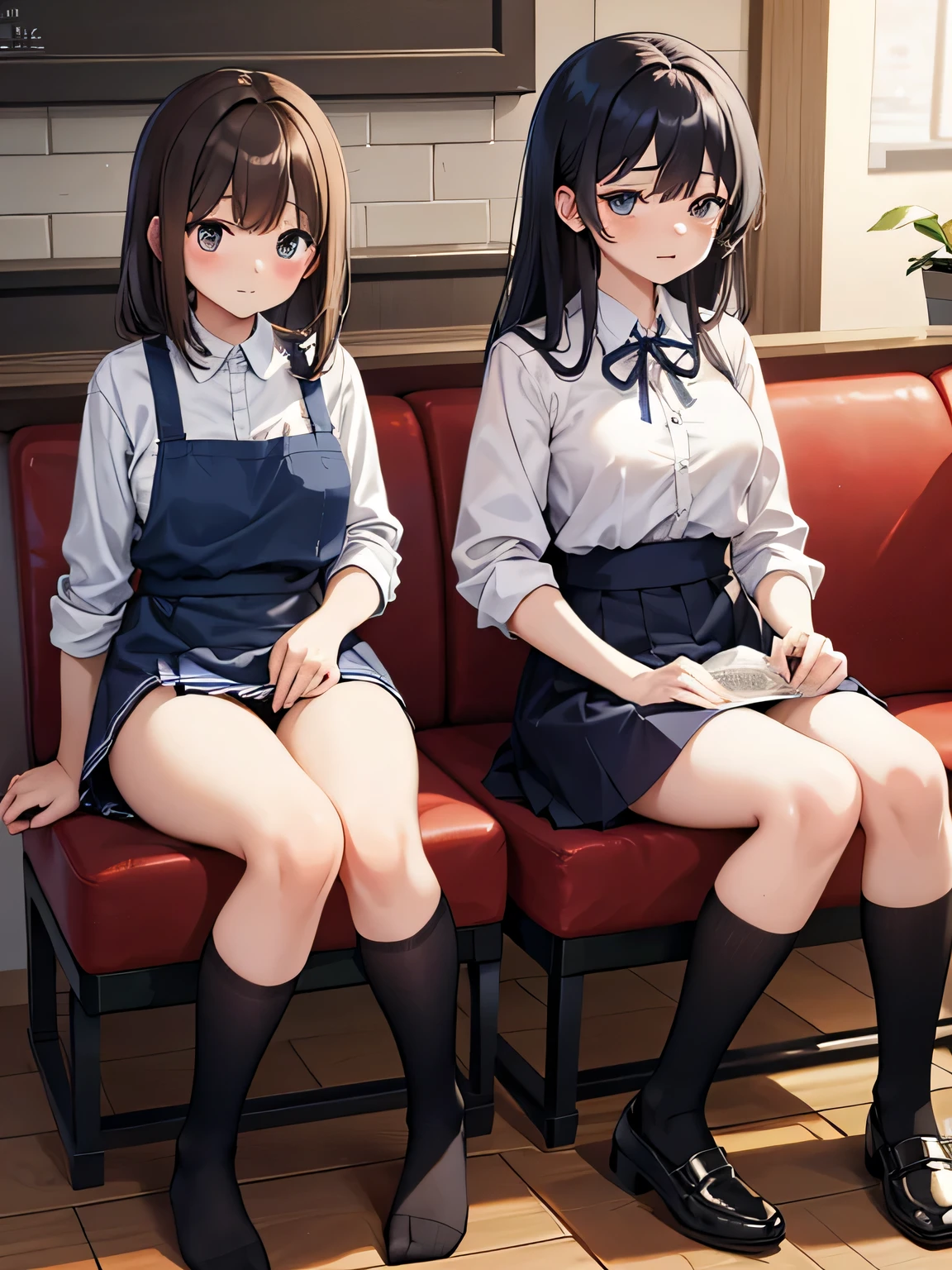 (1) Two women are sitting on chairs in a cafe, look tired. Both are cafe employees.. they are tired and collapsed.
(2) both women&#39;s skirts are too short、Panties are almost visible. their panties are white.
(3) The first woman is a 17-year-old high school student with a childish appearance., short black hair, wearing a white cut shirt, navy miniskirt and navy socks.
(4) The second woman is a 22-year-old college student., mature look, with long brown hair, wearing a white cut shirt, black miniskirt and black socks.
(5) The location is after closing (At night) A nice cafe in the city.