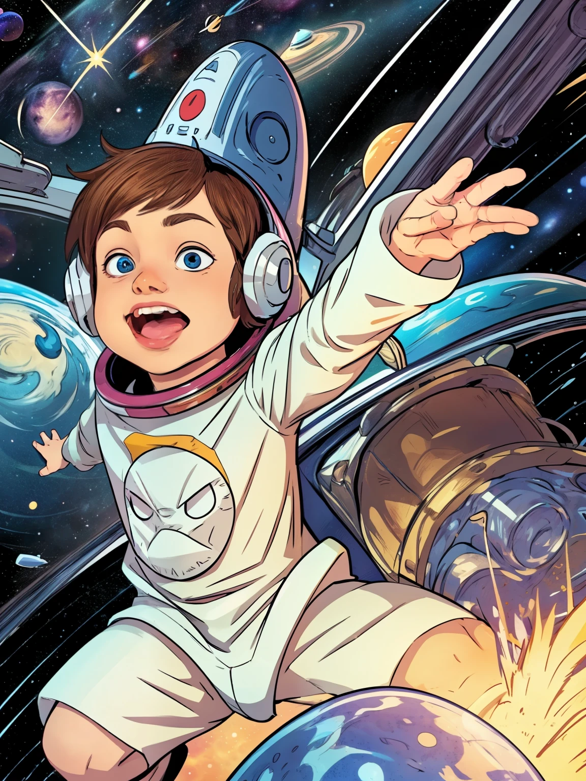 Cinematic Cartoon style. Comic art. TME0224 face, (((a baby boy, ***))) in a funny night (((wearing a astronaut costume))). (((Comic cosmic space background))). cinematic lighting, drop shadow, masterpiece, UHD, anatomically correct, textured skin, super detail, high details, high quality, best quality, 4K