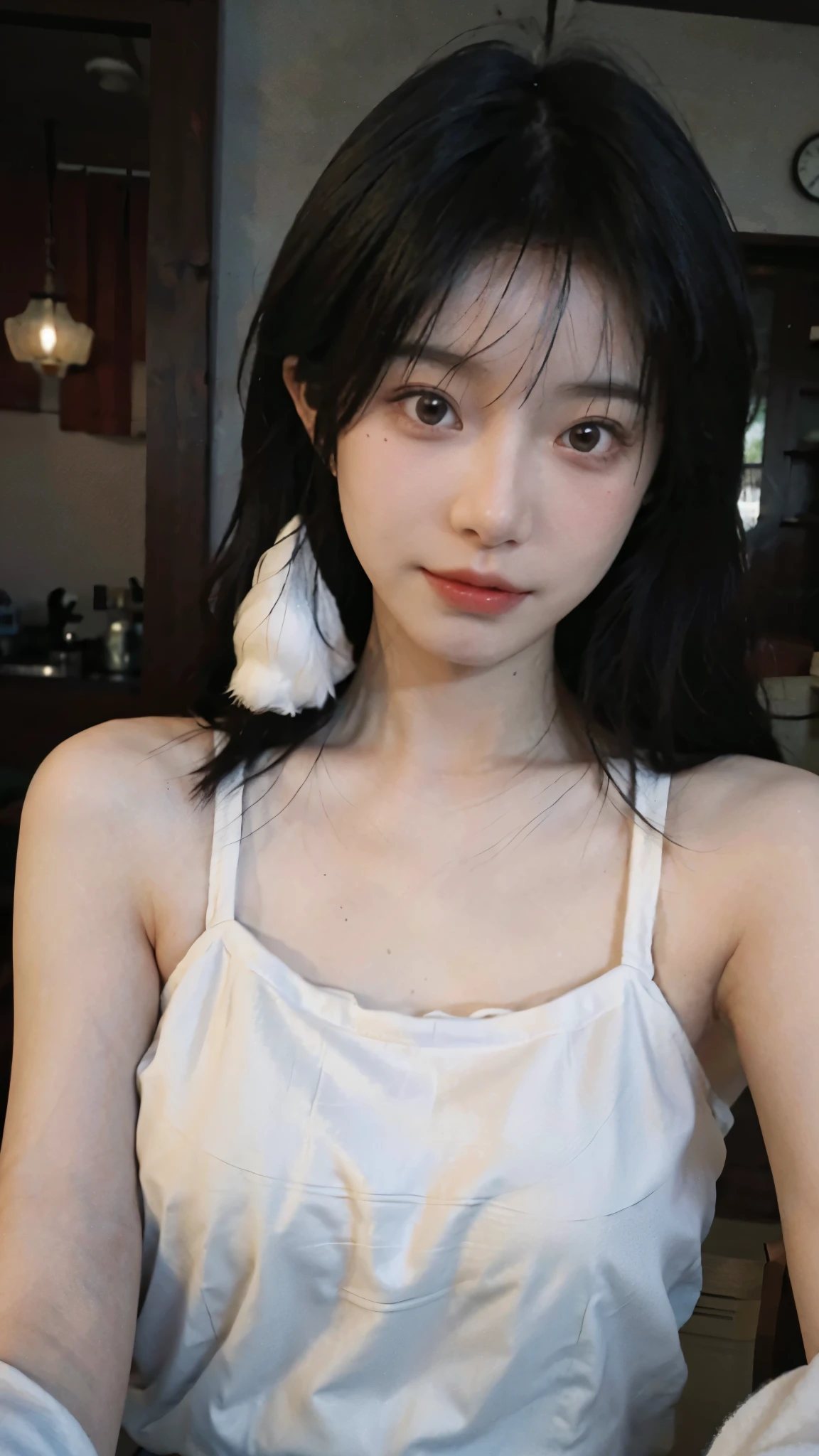 Film portrait photography, 2 girls, 2 girls，twin，bare shoulders, Shoulder length wavy hair, Snow-white cheongsam，(Realistic and detailed eyes, natural skin texture, Realistic facial details),, depth of field, Bokeh, Vibrant details, Detailed and detailed, Surrealism, 35mm film, hazy, ,Selfie，