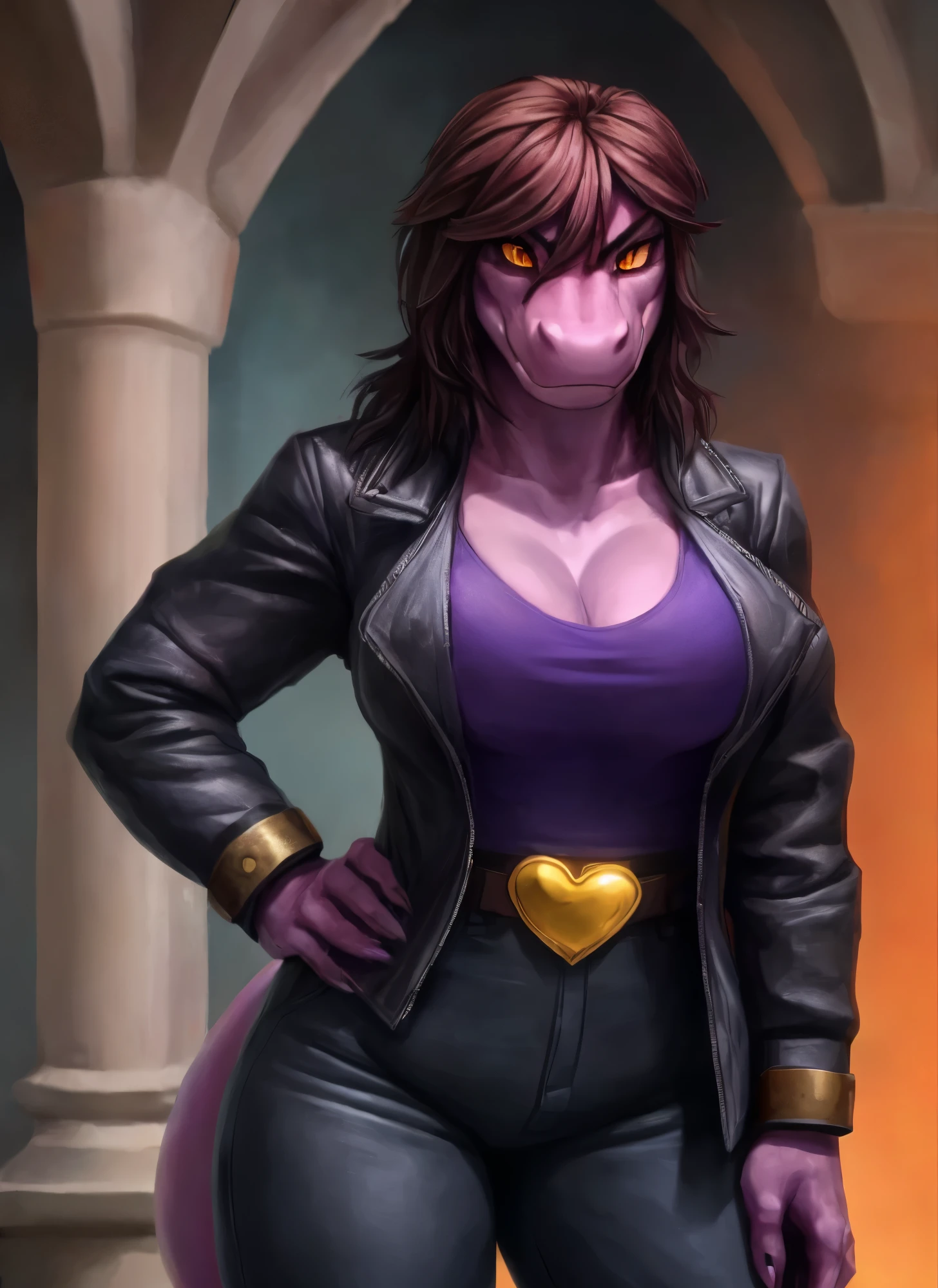 [Susie], [Delta-Rune], [Hochgeladen auf e621.Netz; (Pixelsketcher), (wamudraws), (Wollwolle)], ((Meisterwerk)), ((HD)), ((good quality)), ((Solo portrait)), ((Vorderansicht)), ((Schuppen; Anthro)), ((detailliertes Fell)), ((detaillierte Schattierung)), ((beautiful render art)), ((Komplizierte Details)), {Anthro dinosaur; (athletische Figur), violette Schuppen, (Reptilienschnauze), sweet yellow eyes, (black students), (Bags under the eyes), (kurze Wimpern), (langes, massiges braunes Haar), langer Eidechsenschwanz, (beautiful hips), (muscular legs), (angry), (Stirnrunzeln)}, {(Schwarze Lederjacke), (lila Shirt), (Dekollete), (weite Hose in Pink), (schwarze Stiefel), (gold heart shaped belt buckle), (stachelige Armschienen)}, {(Stehen), (Arme seitlich), (Blick auf den Betrachter)}, [Hintergrund; (dunkelviolette cave), (cave), (Ruinen), (Umgebungsbeleuchtung)]  large breast implants, breast expansion, pump up breasts