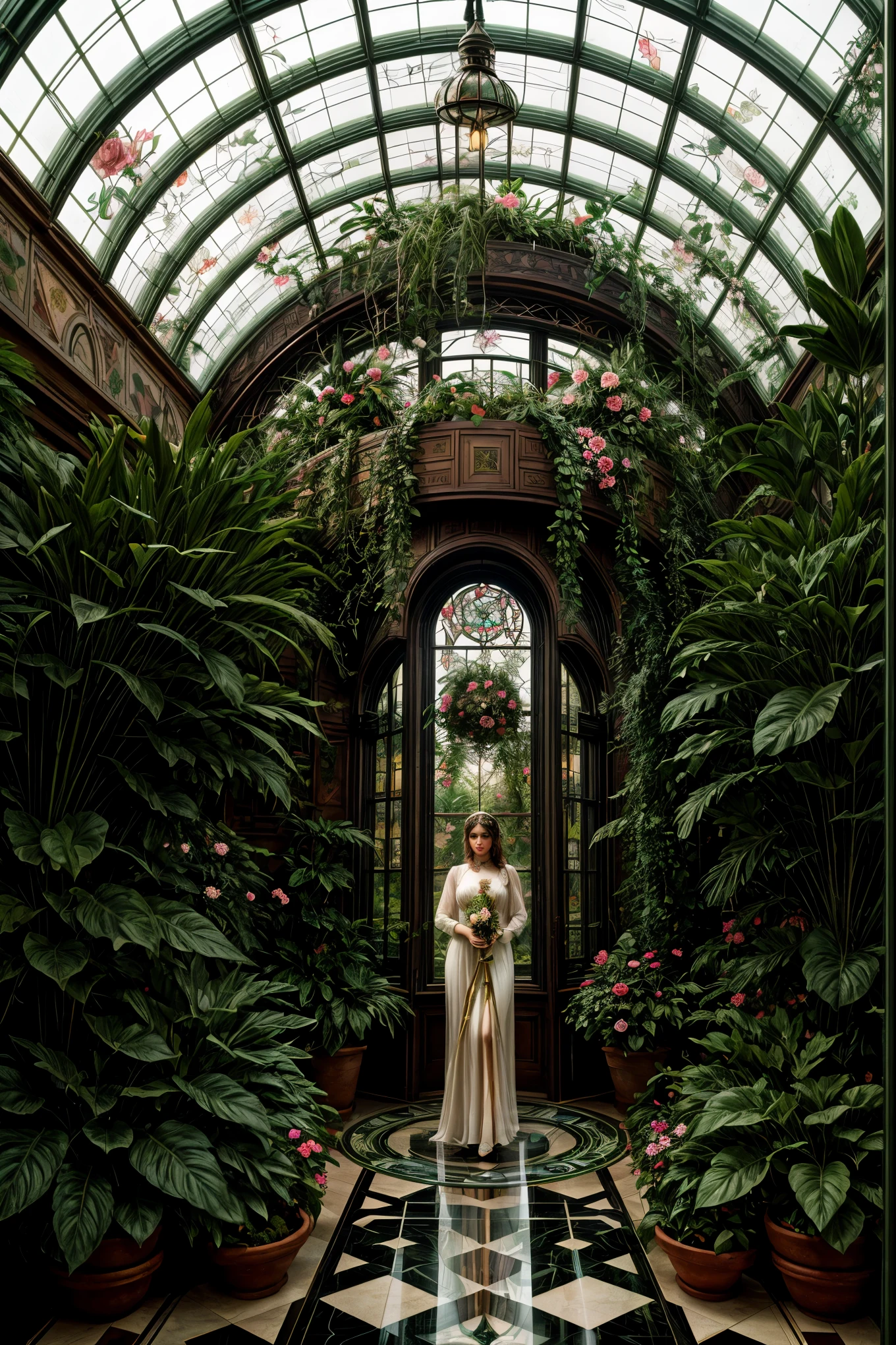 Inside a winter garden botanical conservatory designed in Art Deco style with a steampunk twist, blooming roses flourish under a glass-dome roof amid lush tropical plants and a stone floor, framed by huge glass windows and floral stained glass elements, neon colors infuse the scene with a dreamy, fantasy ambiance reminiscent of the works of John William Waterhouse, Charlie Bowater, Agnes Cecile, Mucha, and Gabriel Ferrier, digital illustration with golden ratio, sharp focus
