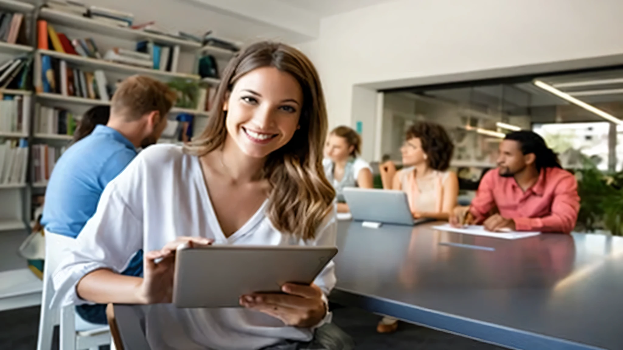 smiling woman sitting at a table with a tablet computer in front of her, portrait shot, woman, stylish, center of image, by Kurt Roesch, professional, vibrant and dynamic, by Joseph Werner, edited, high quality image, a super-smart, by Juan O'Gorman, on a dark background, professionally, professional photo, integrating with technology