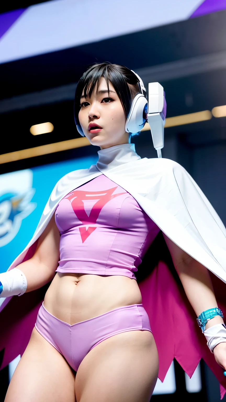 Highest image quality、real photos、beautiful woman、beautiful face、beautiful thighs、spread legs、show white panties,Science Ninja Corps、Alafi wearing a sexy pink and white costume and cloak, As a retro-futuristic heroine, echo from overwatch, Portrait of a modern dharna, professional cosplay, As an Overwatch character, power girl, publicity cosplay, As a retro-futuristic heroine, As an Overwatch character, IU Lee Ji Eun plays a super villain, cosplayer, full-cosplay, anime cosplay, cosplay