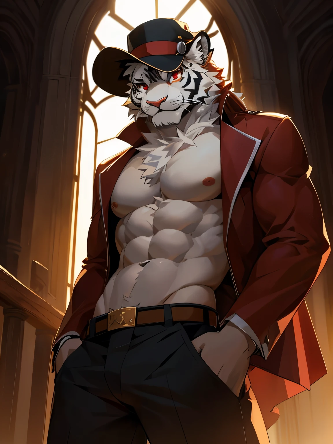 male, furry, tiger anthro, solo, white fur, red eyes, (Realistic eye details 1.2), hat on head, mafiawear, bare bottom, abs, Masterpiece, dramatic lighting, soft lighting, day, highly detail,