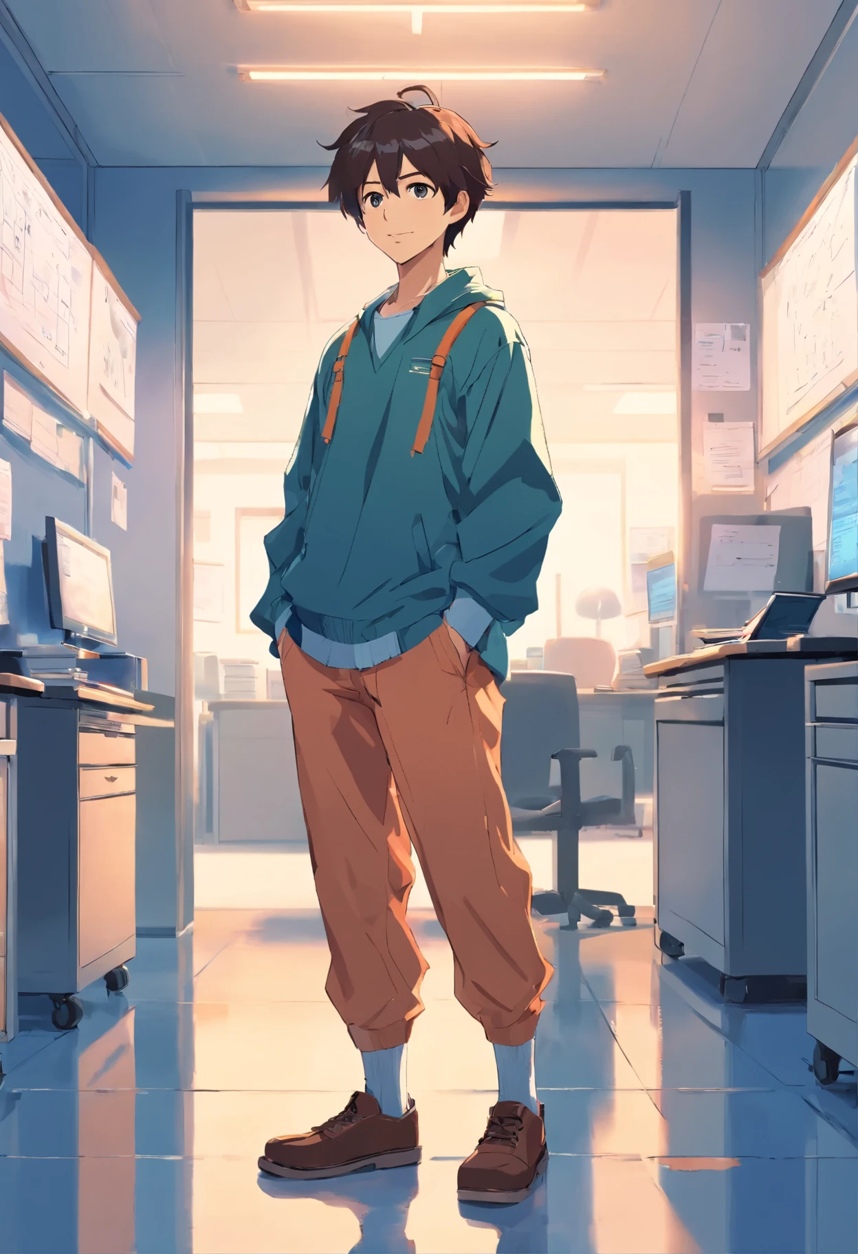 boy, Transform into anime style, Distinctive exaggerated facial features and clothing, office, high contrast colors, 4k high definition image quality,young, smile, good looking、whole body、Even the feet are reflected、facing forward、Are standing