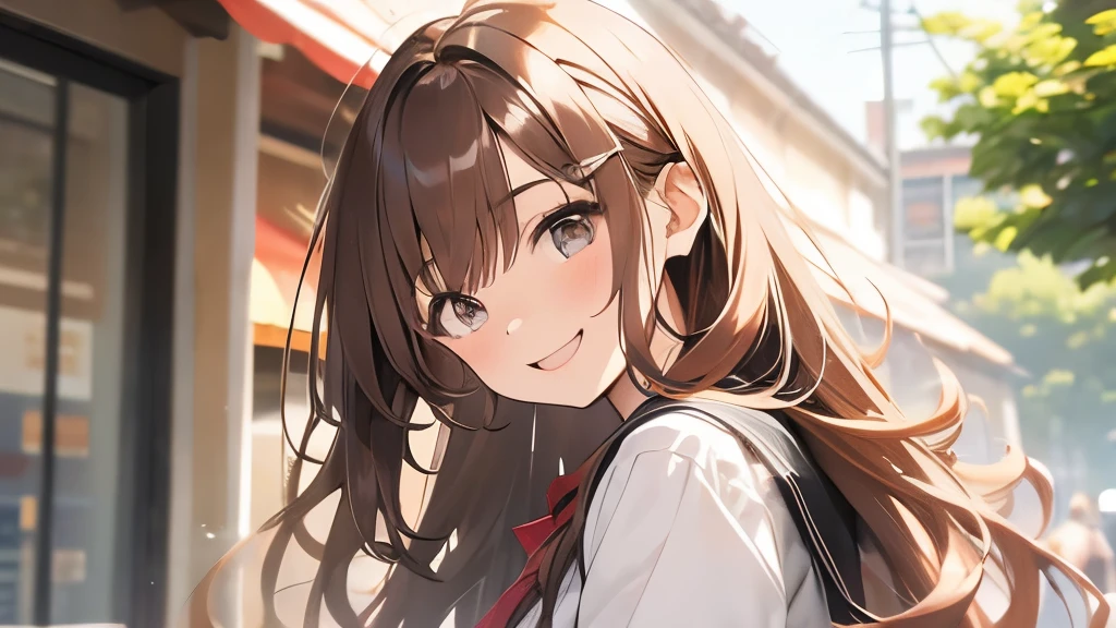 20-year-old、college girl、hair is chestnut color、long hair、so beautiful、very smiling、summer clothes