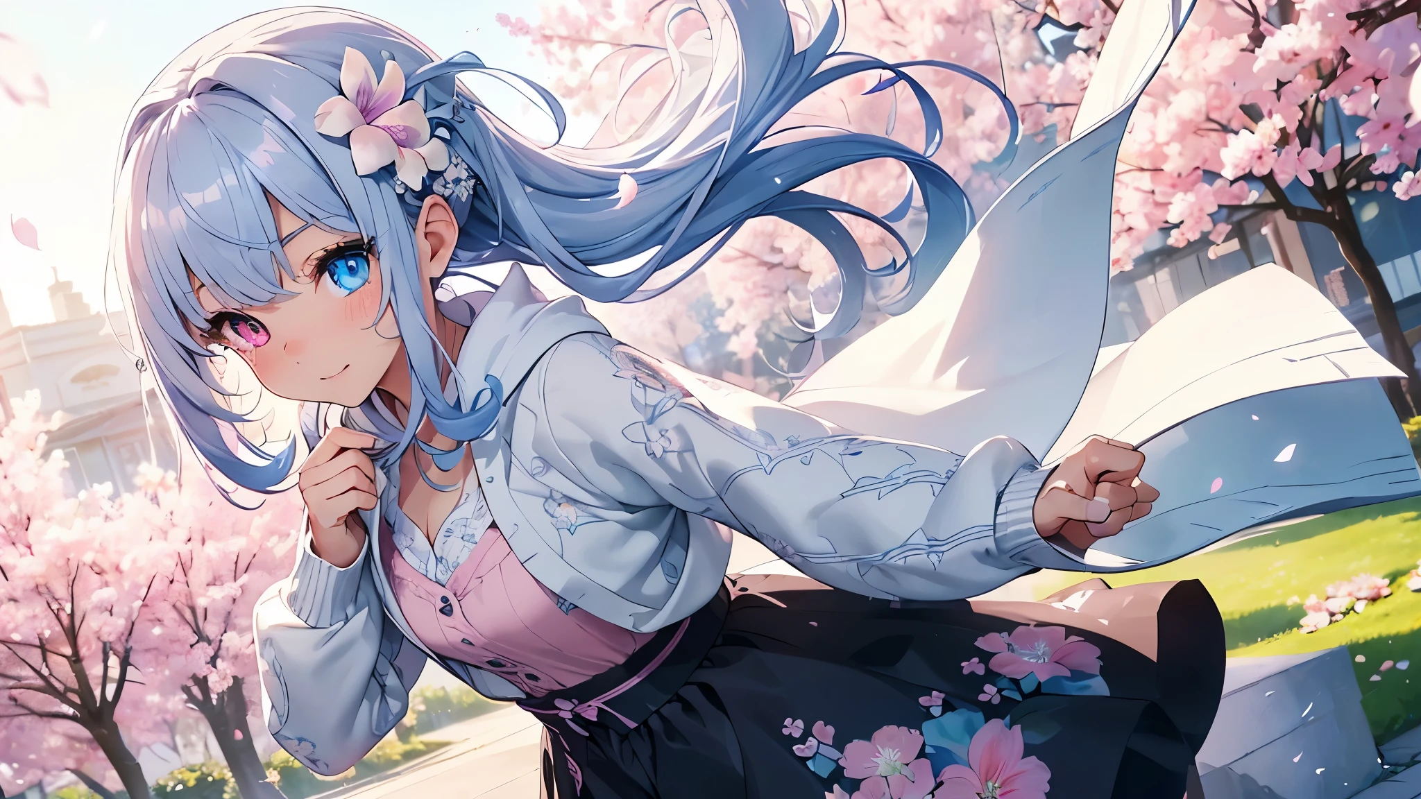 Best quality、photorealistic、super detail、delicate、orderly、high detail、bluish silver ponytail、(droopy iris of heterochromia,glowing eyes:1.4)、、、embarrassing、smile、slender、full body、blurred background、(1 girl:1.2)、dynamic angle、game CG、(spring、petals dancing in the wind、flower garden、Pale pink cut-and-sew with open neck、Long skirt with white floral pattern、hoody cardigan:1.3),ambient occlusion、ambient light、raytracing reflections、glow、shining hair、